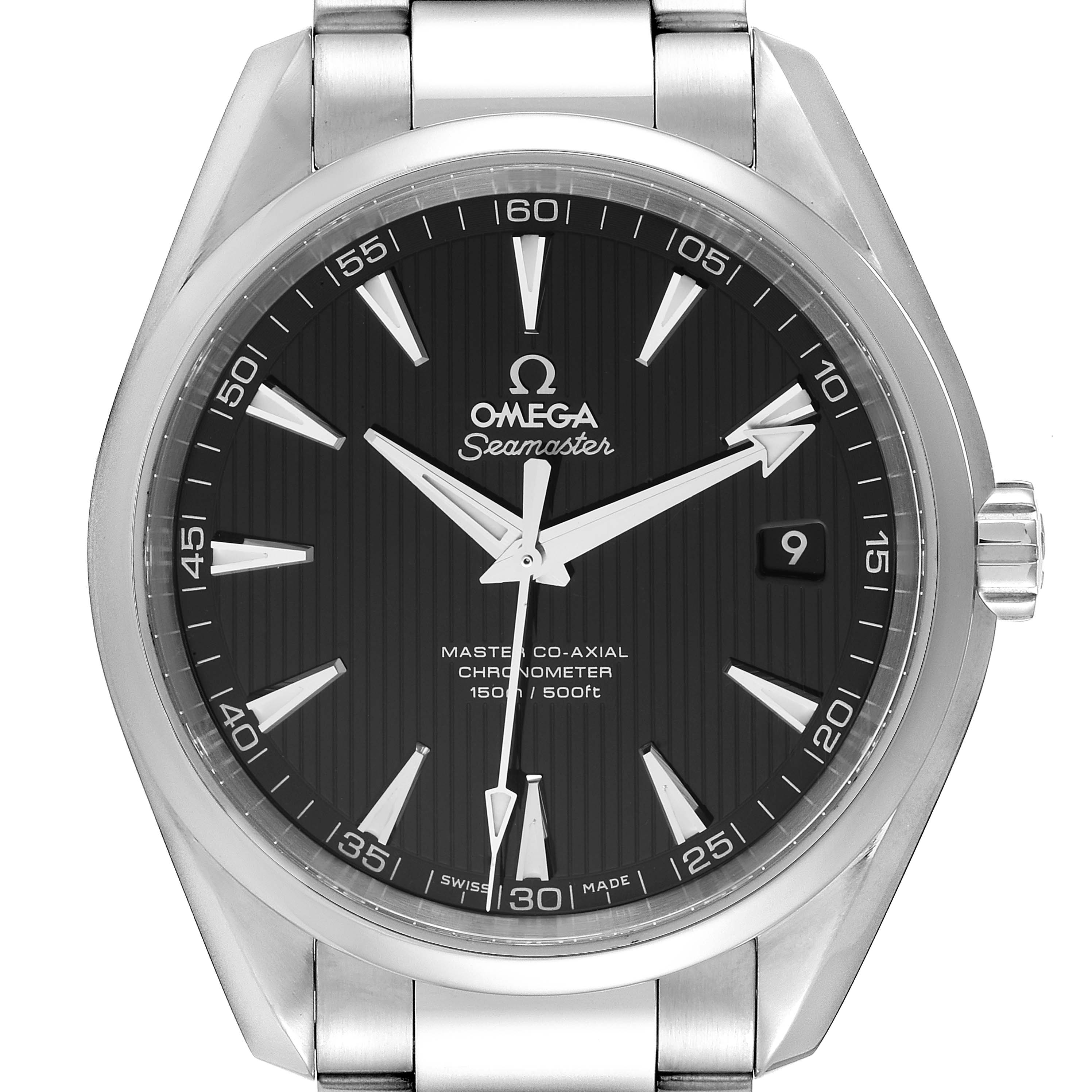 This image shows a front view of the Omega Seamaster Aqua Terra watch, highlighting the dial, hands, and part of the bracelet.