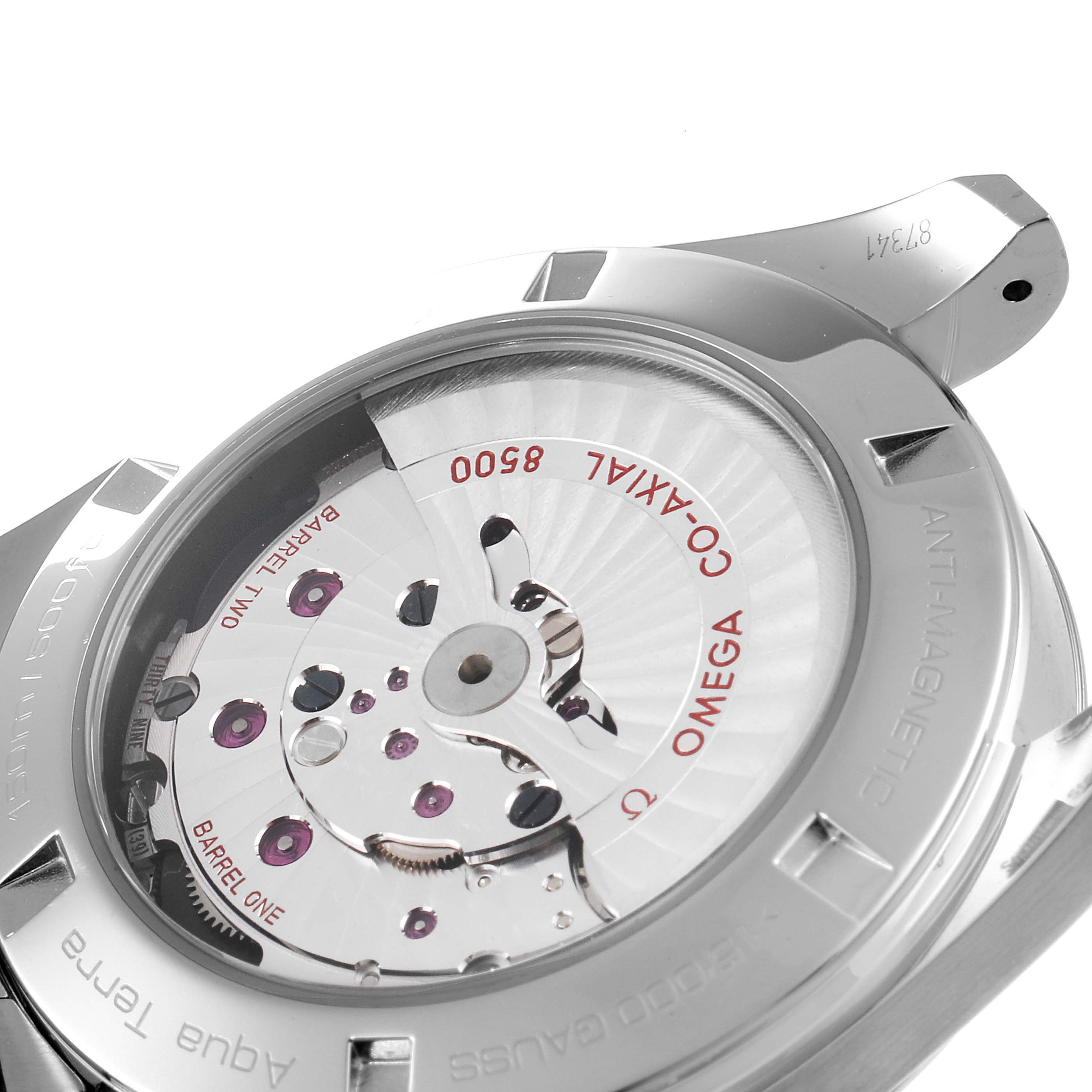 This image shows a close-up of the Omega Aqua Terra 231.10.42.21.01.003 Men's Stainless Steel Black Dial 231.10.42.21.01.003 Men's Stainless Steel Black Dial watch back, revealing the movement and interior mechanics.