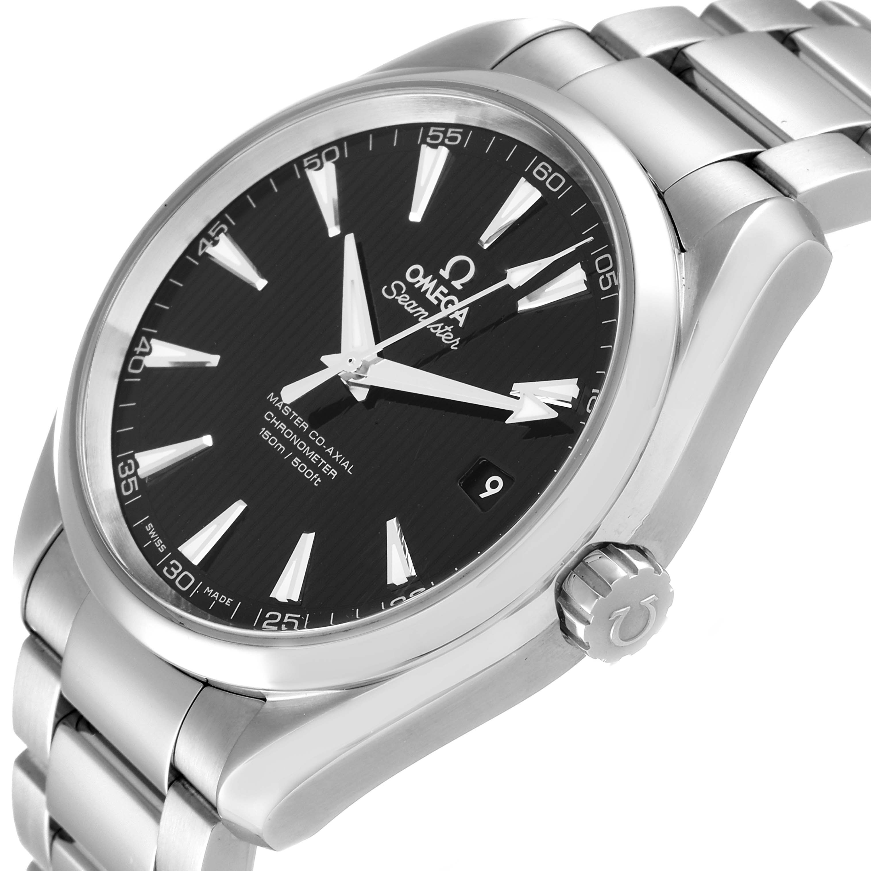 This image shows the Omega Aqua Terra 231.10.42.21.01.003 Men's Stainless Steel Black Dial 231.10.42.21.01.003 Men's Stainless Steel Black Dial watch at a slight three-quarter angle, highlighting the face, case, and metal bracelet.