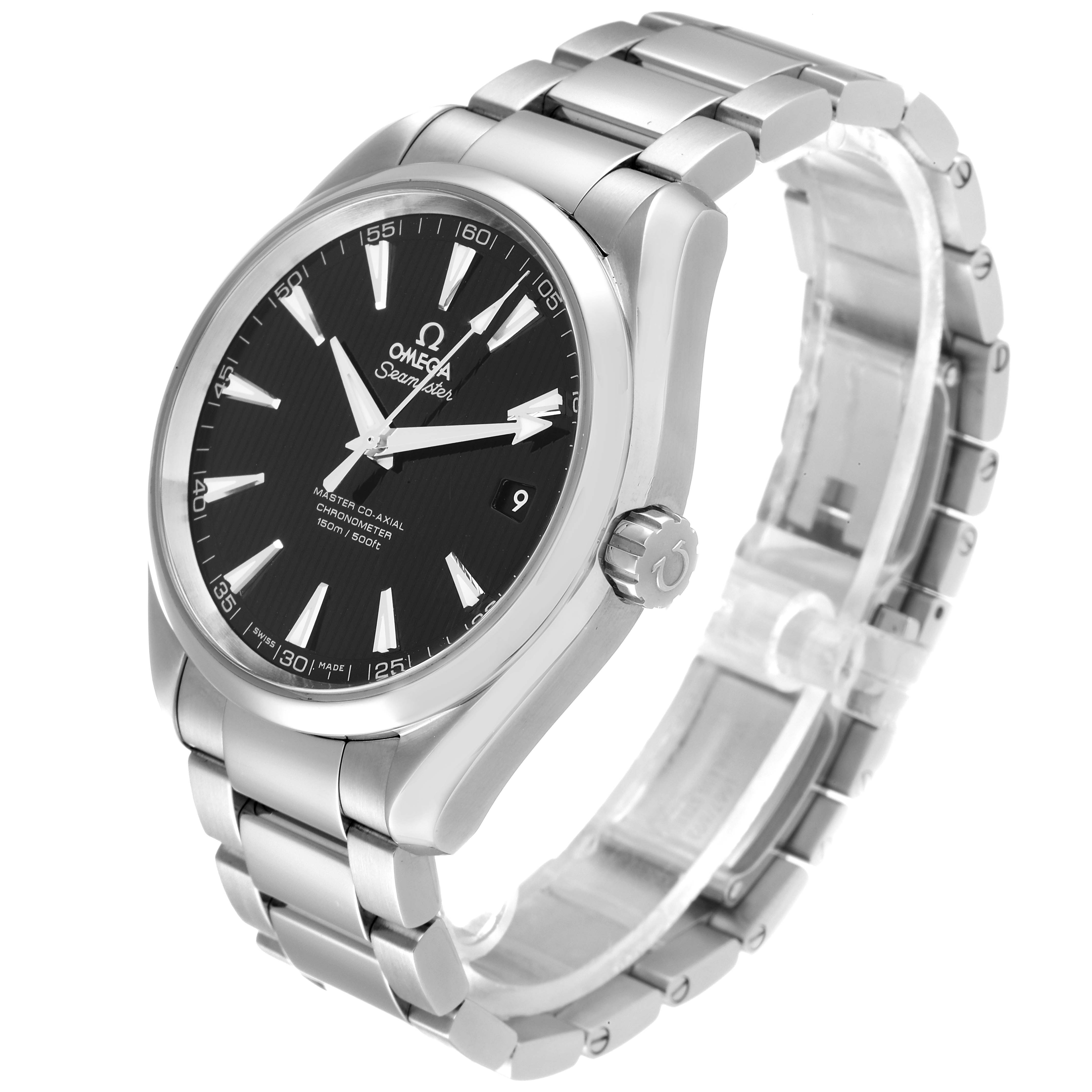 The image shows an Omega Aqua Terra 231.10.42.21.01.003 Men's Stainless Steel Black Dial 231.10.42.21.01.003 Men's Stainless Steel Black Dial watch at a 1 o'clock angle, highlighting the face, crown, and bracelet.