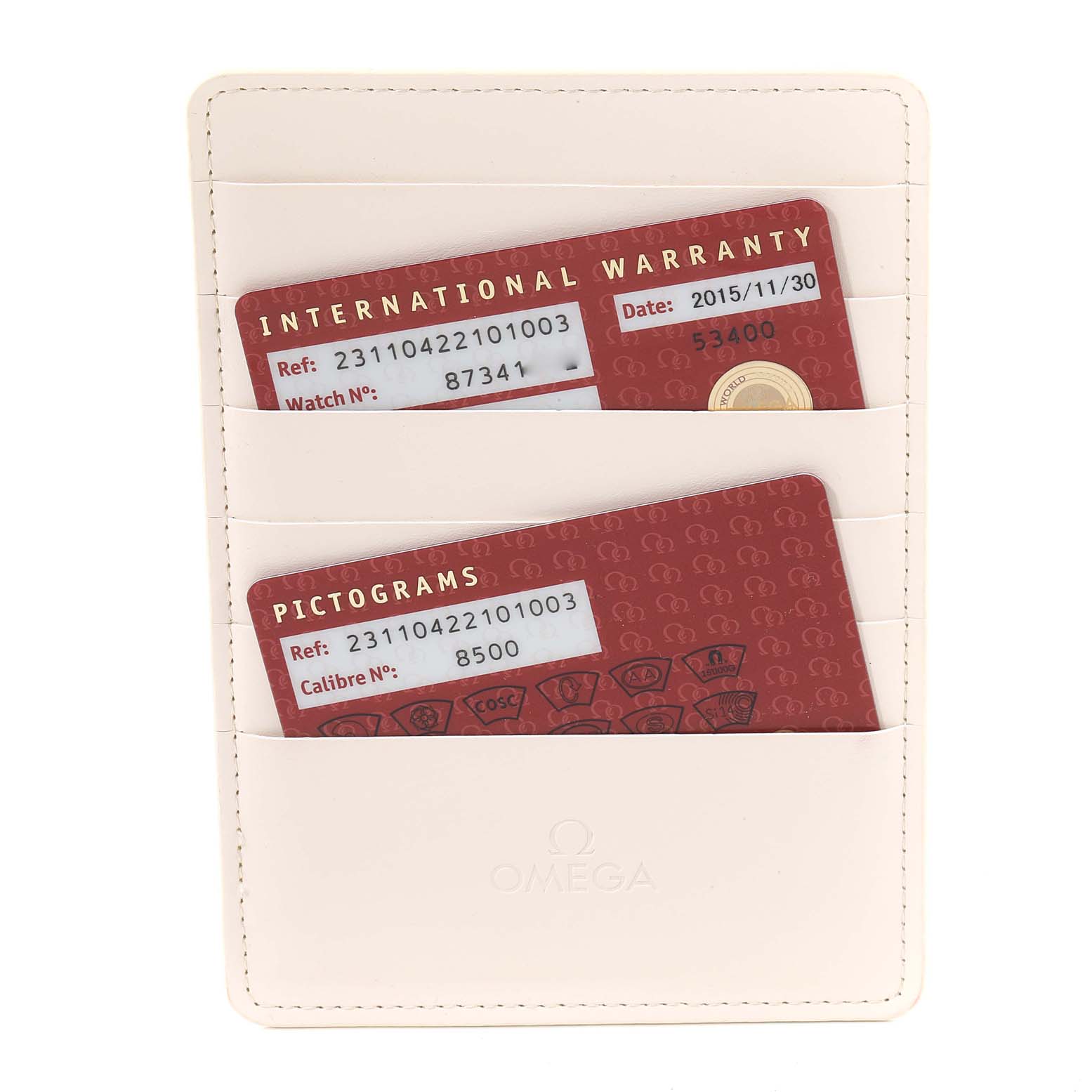 This image shows warranty and pictogram cards for the Omega Aqua Terra 231.10.42.21.01.003 Men's Stainless Steel Black Dial 231.10.42.21.01.003 Men's Stainless Steel Black Dial model held in a white cardholder.