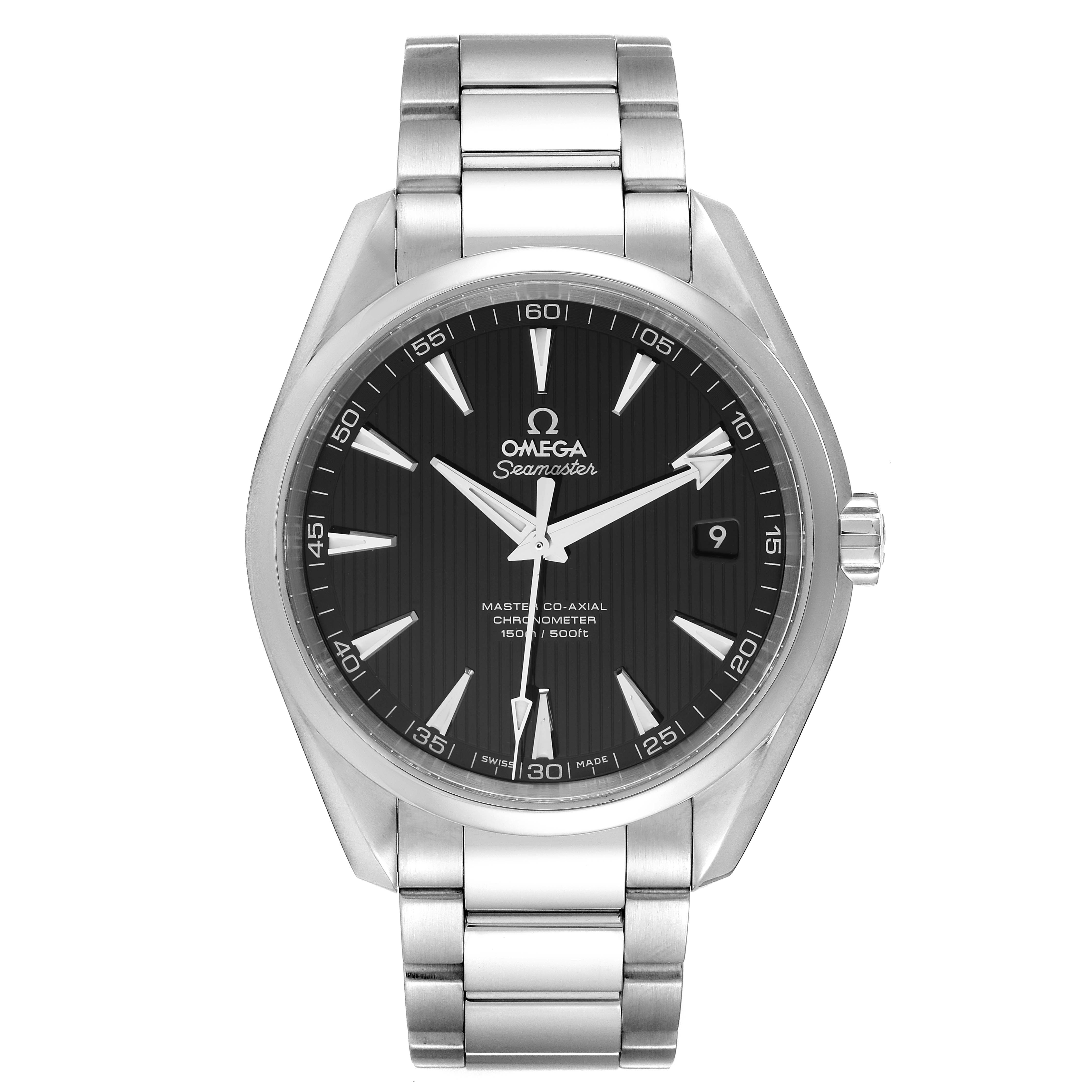 The image shows a front view of the Omega Aqua Terra 231.10.42.21.01.003 Men's Stainless Steel Black Dial 231.10.42.21.01.003 Men's Stainless Steel Black Dial watch, highlighting its dial, bracelet, and crown.