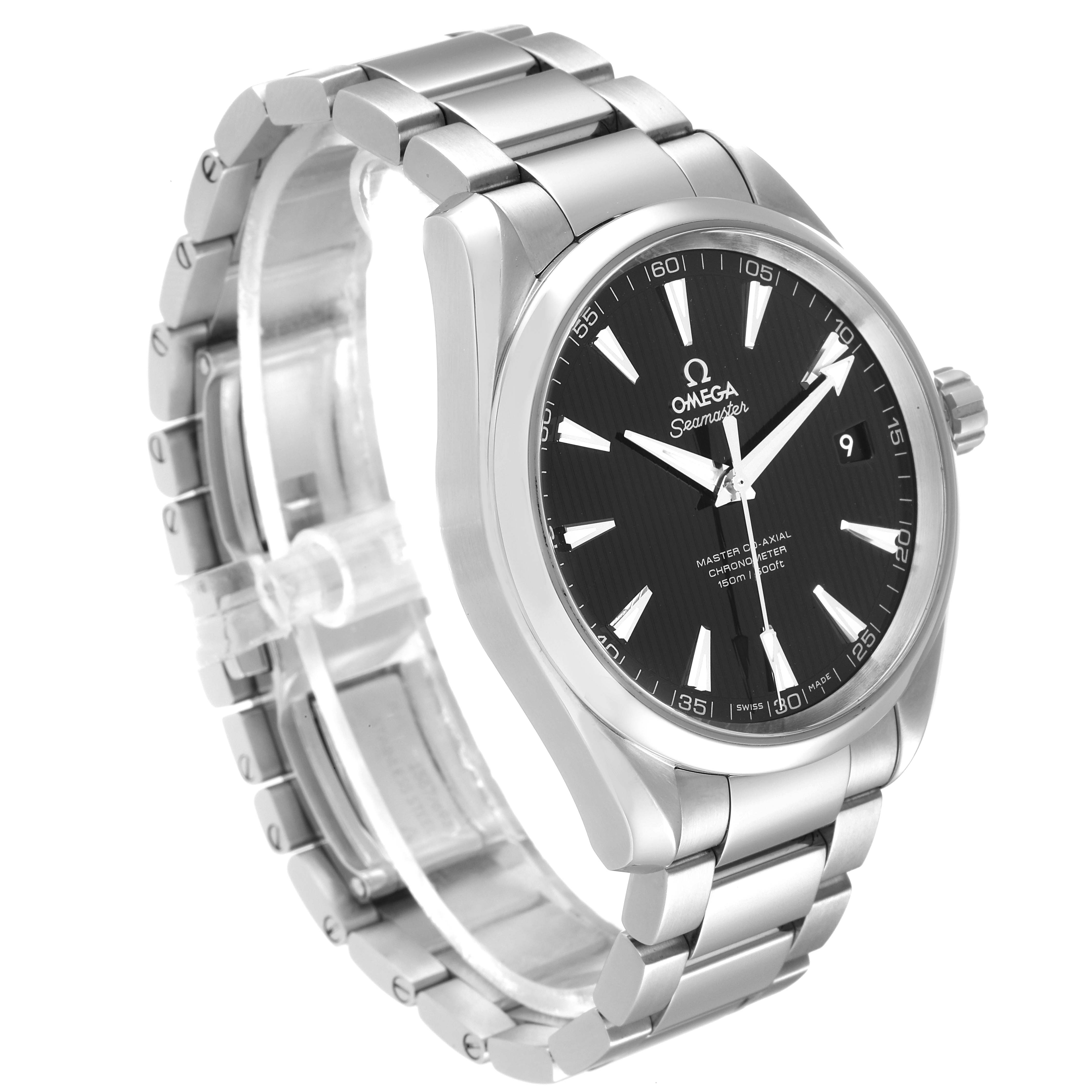 This image shows an Omega Aqua Terra 231.10.42.21.01.003 Men's Stainless Steel Black Dial 231.10.42.21.01.003 Men's Stainless Steel Black Dial watch captured from a left front angle, highlighting its bracelet, dial, and case.