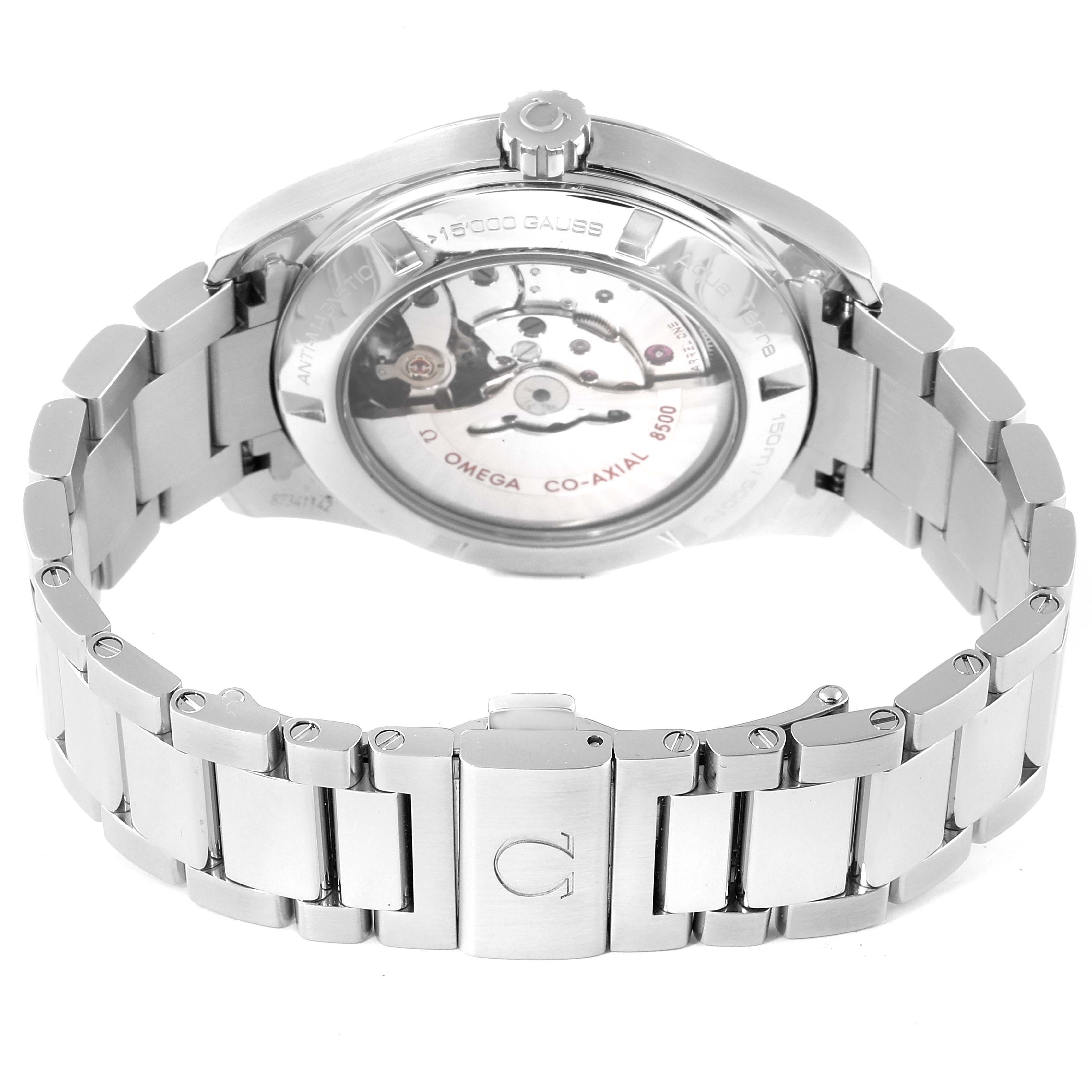 The Omega Aqua Terra 231.10.42.21.01.003 Men's Stainless Steel Black Dial 231.10.42.21.01.003 Men's Stainless Steel Black Dial watch is shown from the back, displaying its stainless steel case, bracelet, and transparent case back revealing the movement.