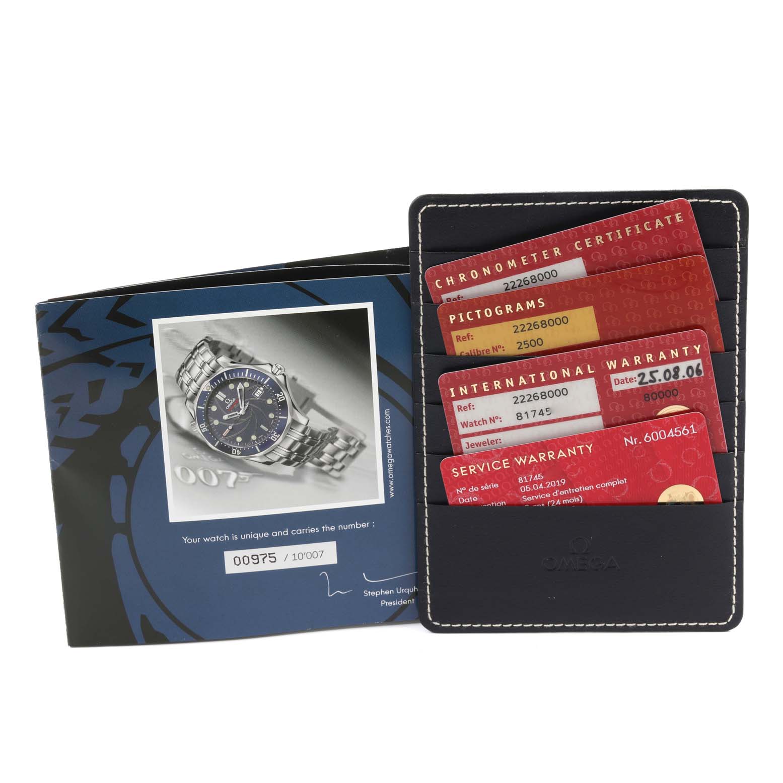 The image shows the certificate, international warranty cards, and a booklet for the Omega Seamaster 2226.80.00 Men's Stainless Steel Blue Dial 2226.80.00 Men's Stainless Steel Blue Dial watch.