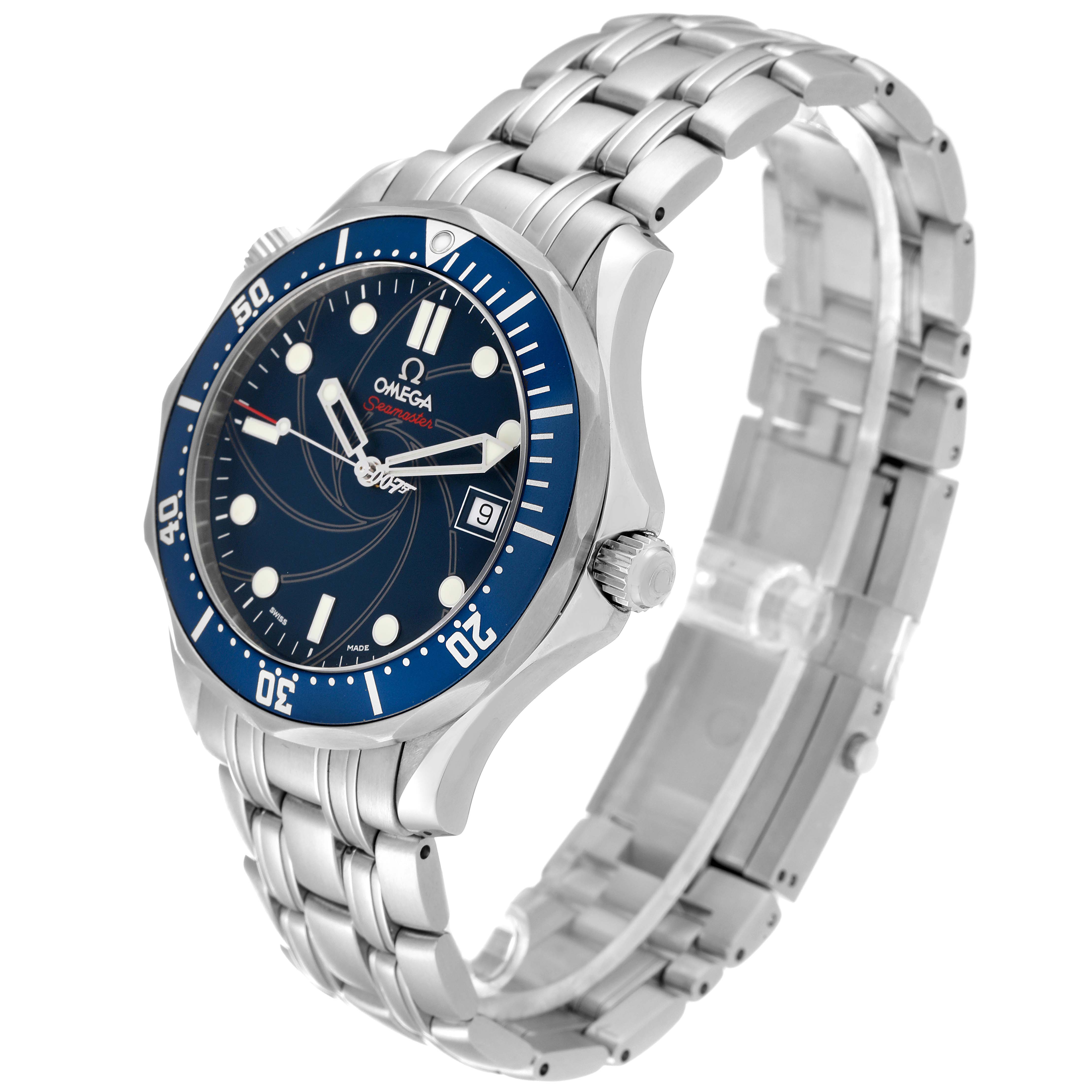 The image shows an angled view of the Omega Seamaster 2226.80.00 Men's Stainless Steel Blue Dial 2226.80.00 Men's Stainless Steel Blue Dial watch, featuring the face, bezel, and metal bracelet.