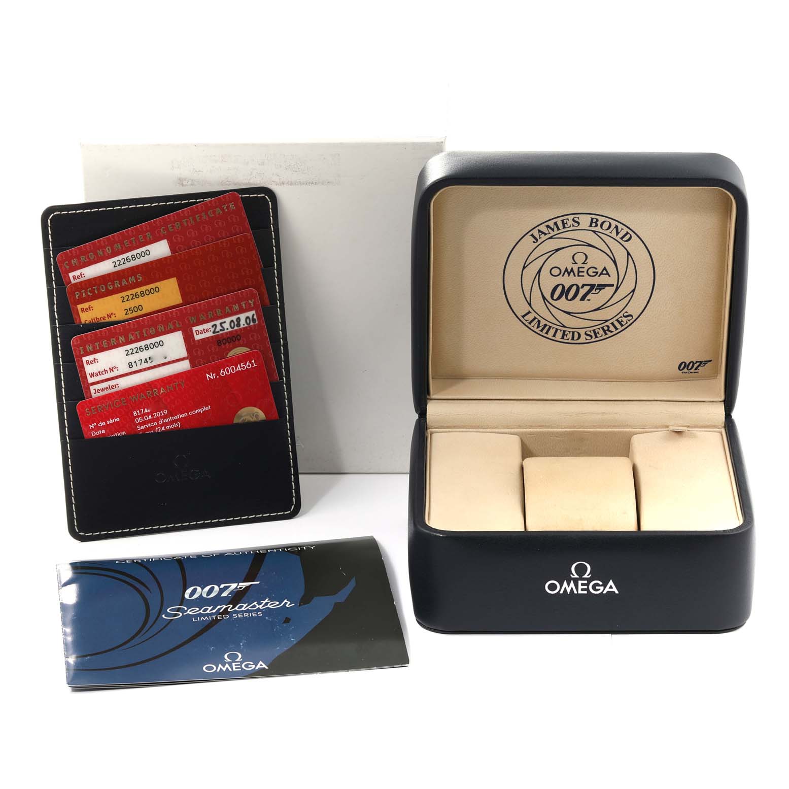 The image shows the packaging, warranty cards, and booklet for an Omega Seamaster 2226.80.00 Men's Stainless Steel Blue Dial 2226.80.00 Men's Stainless Steel Blue Dial James Bond Limited Series watch.