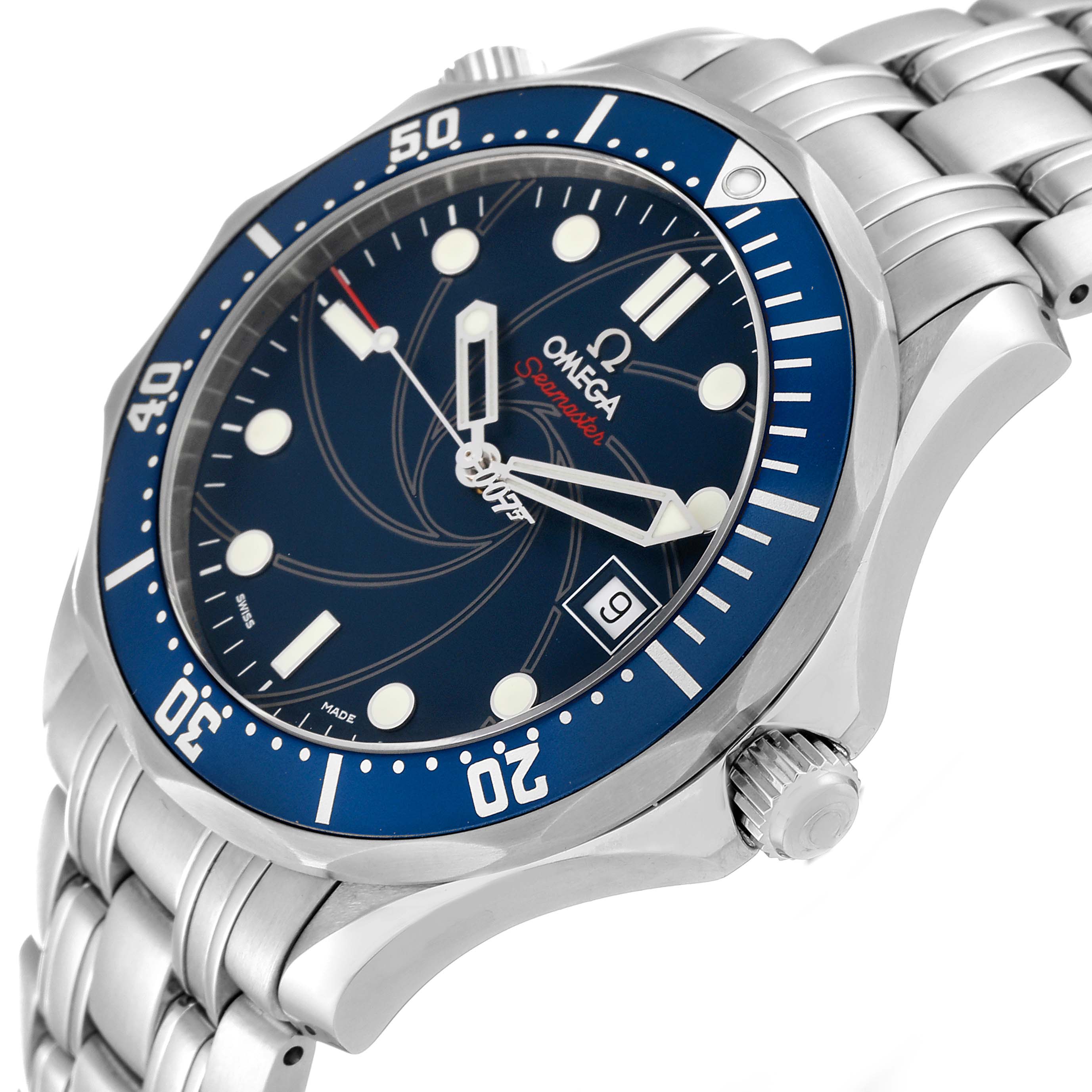 The image shows the front and side of the Omega Seamaster 2226.80.00 Men's Stainless Steel Blue Dial 2226.80.00 Men's Stainless Steel Blue Dial watch, highlighting its blue dial, bezel, date window, and stainless steel band.