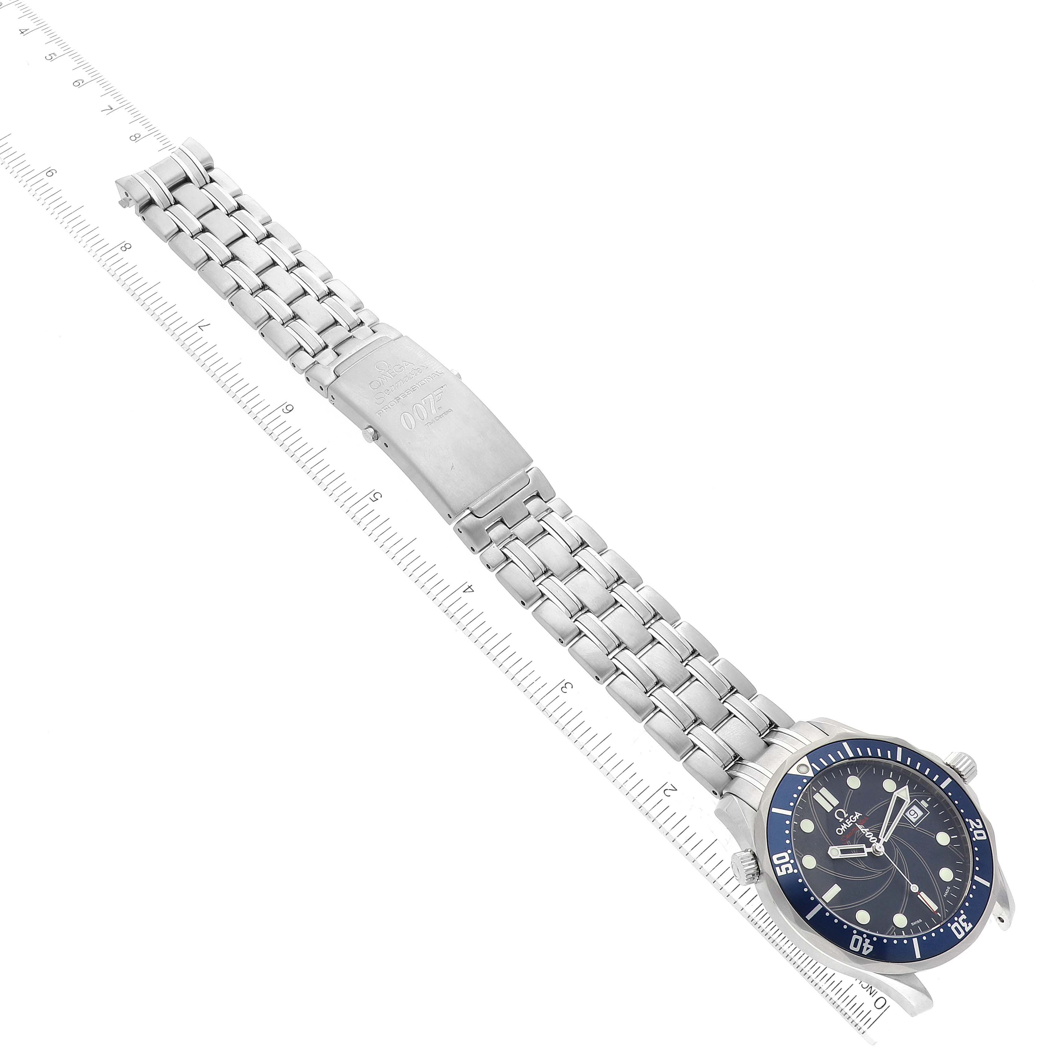 The image shows an Omega Seamaster 2226.80.00 Men's Stainless Steel Blue Dial 2226.80.00 Men's Stainless Steel Blue Dial watch at a diagonal angle, displaying the face, bezel, and the full metal bracelet with the clasp.