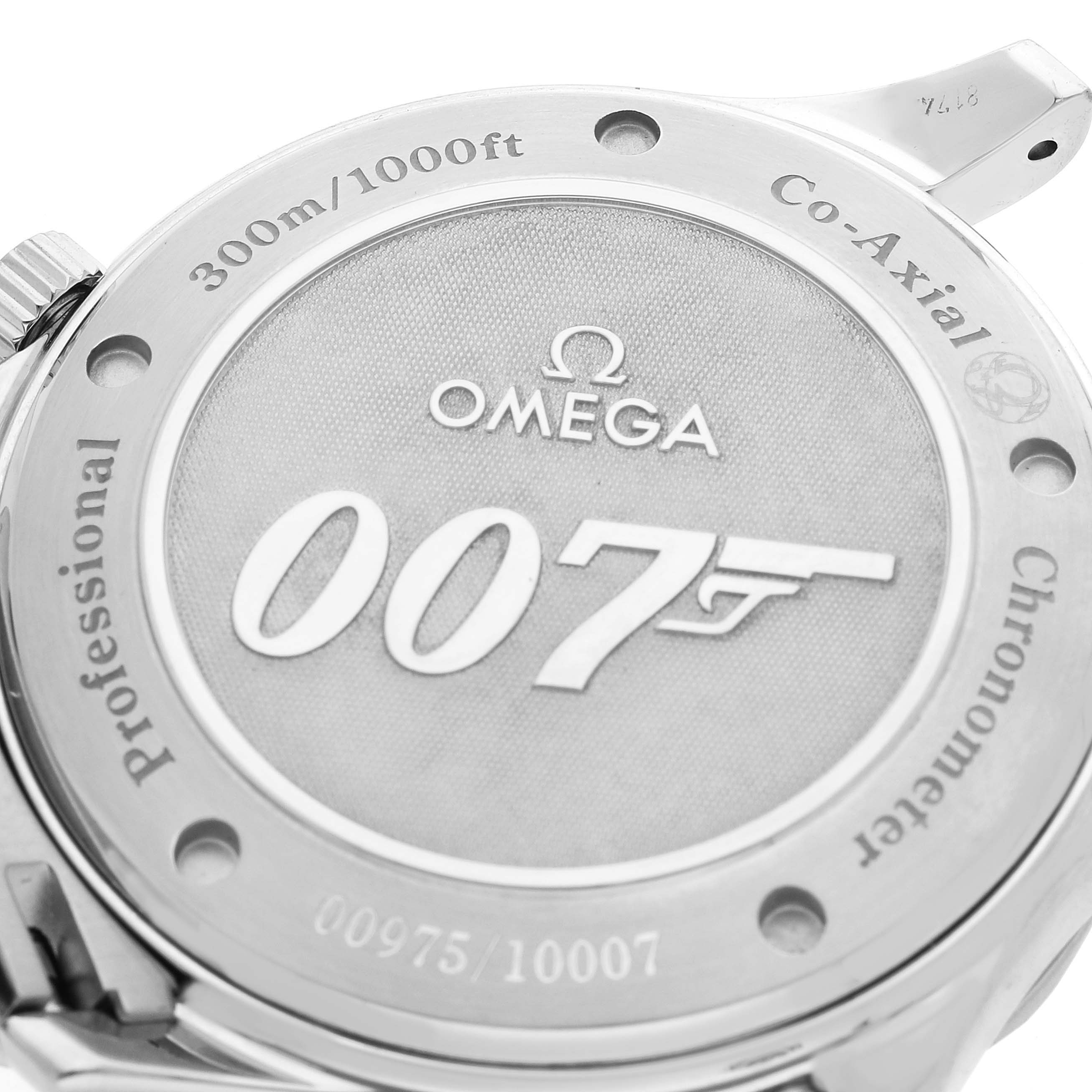 The image shows the back case of an Omega Seamaster 2226.80.00 Men's Stainless Steel Blue Dial 2226.80.00 Men's Stainless Steel Blue Dial watch with the 007 logo and water resistance engraving.