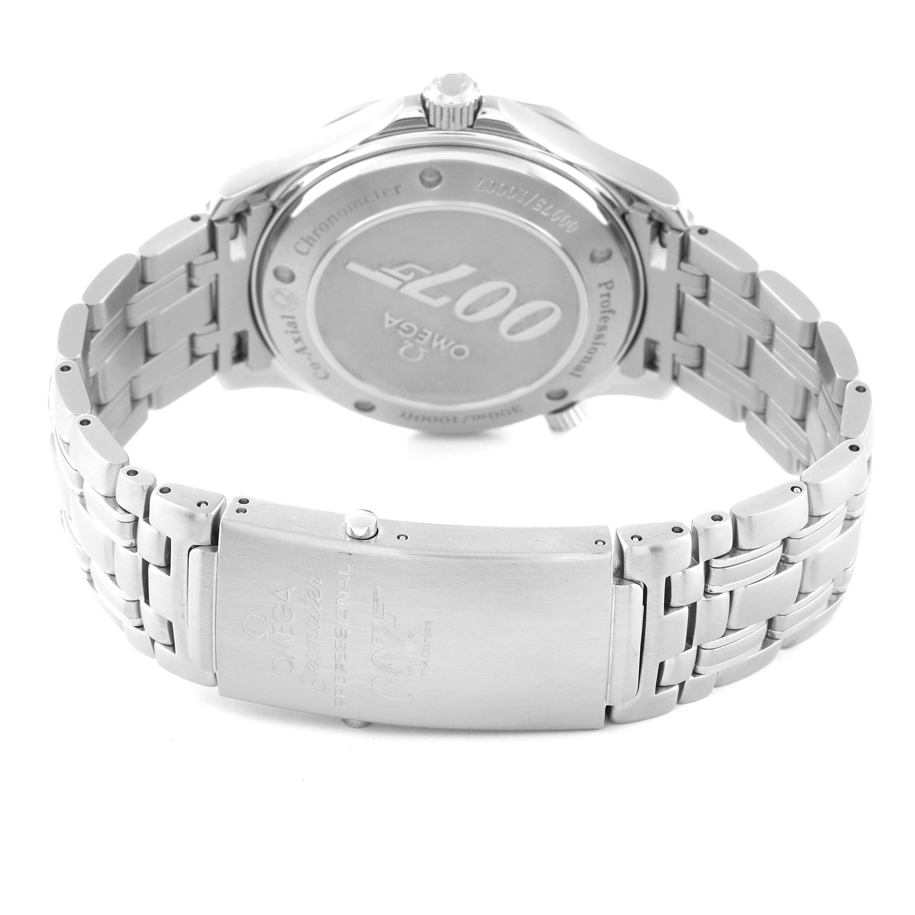 The image shows the back of the Omega Seamaster 2226.80.00 Men's Stainless Steel Blue Dial 2226.80.00 Men's Stainless Steel Blue Dial watch and partially its metal strap.