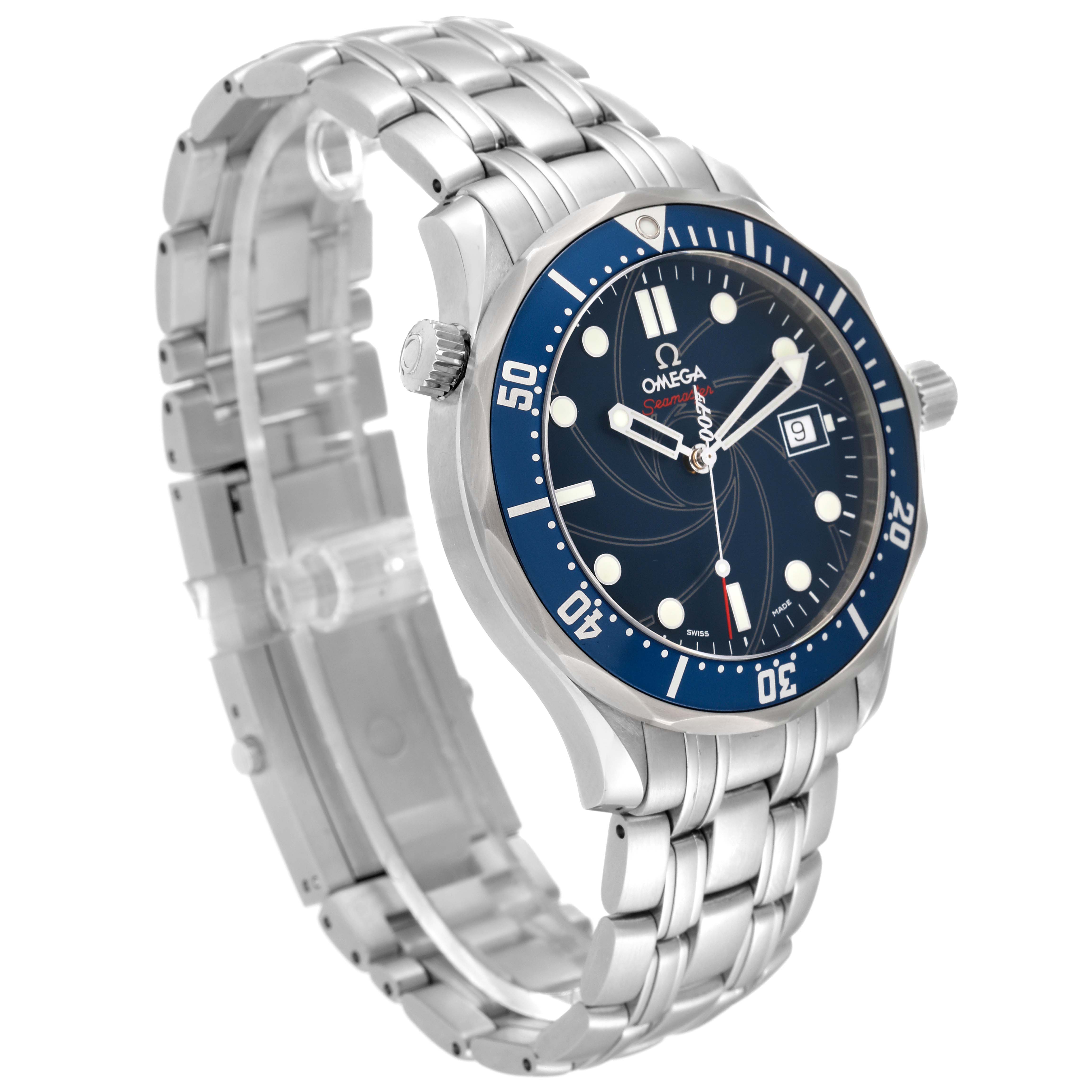 The image shows a side angle view of an Omega Seamaster 2226.80.00 Men's Stainless Steel Blue Dial 2226.80.00 Men's Stainless Steel Blue Dial watch, highlighting its face, bezel, and metal bracelet.
