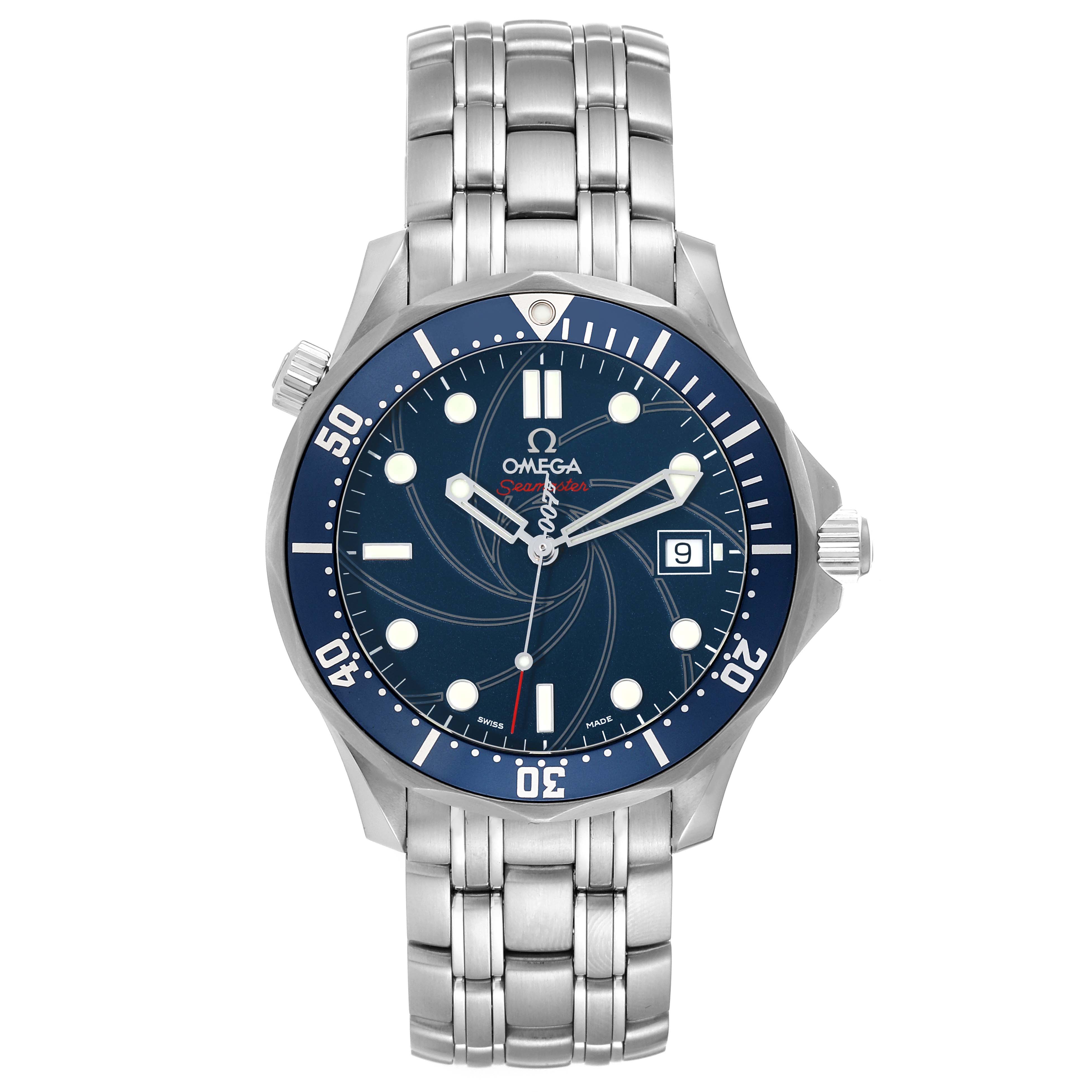 This image shows a front view of an Omega Seamaster 2226.80.00 Men's Stainless Steel Blue Dial 2226.80.00 Men's Stainless Steel Blue Dial watch, displaying its dial, bezel, and metal bracelet.