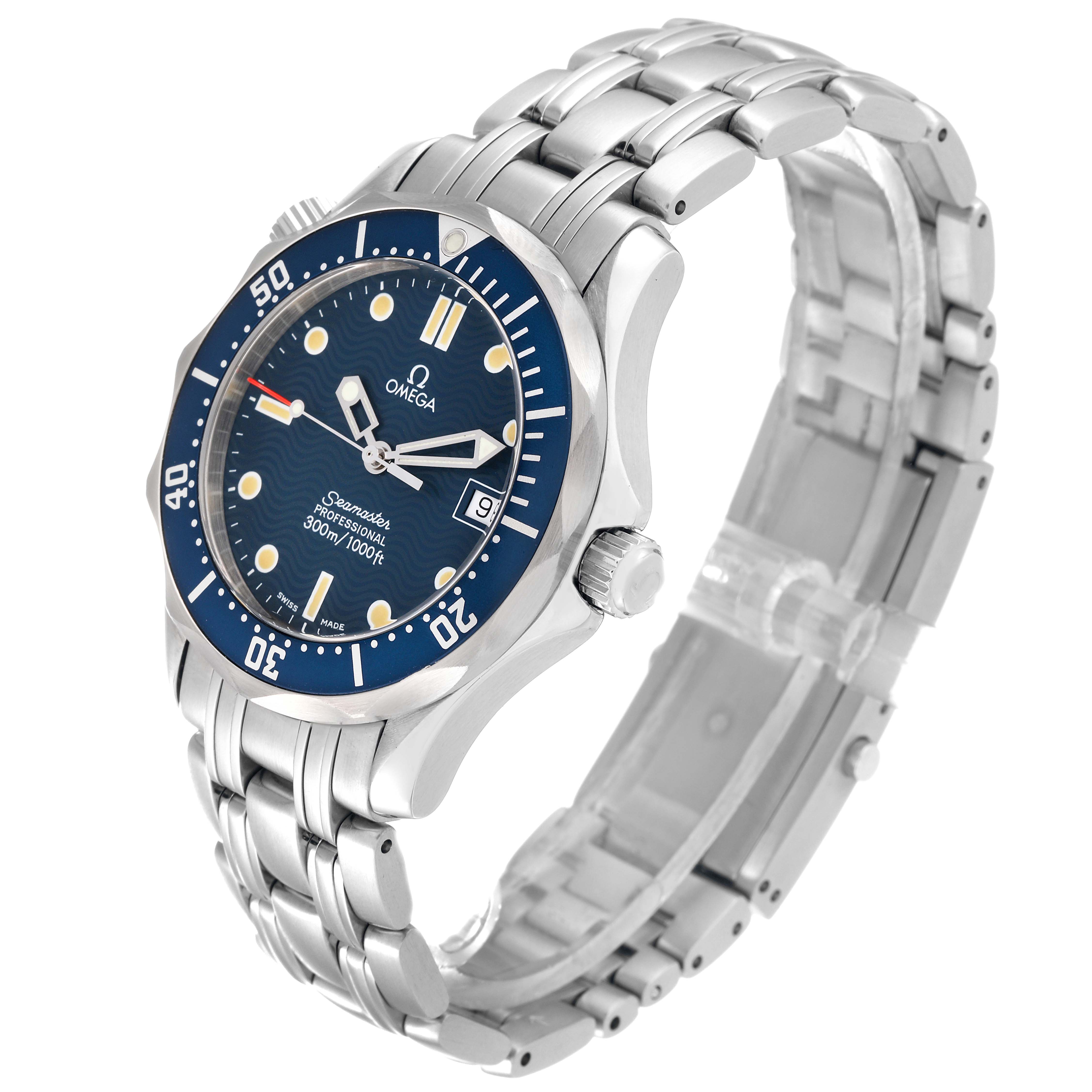 The Omega Seamaster 2561.80.00 Men
s Stainless Steel Blue Dial 2561.80.00 Men
s Stainless Steel Blue Dial watch is shown at a slight angle, highlighting the face, bezel, and bracelet.