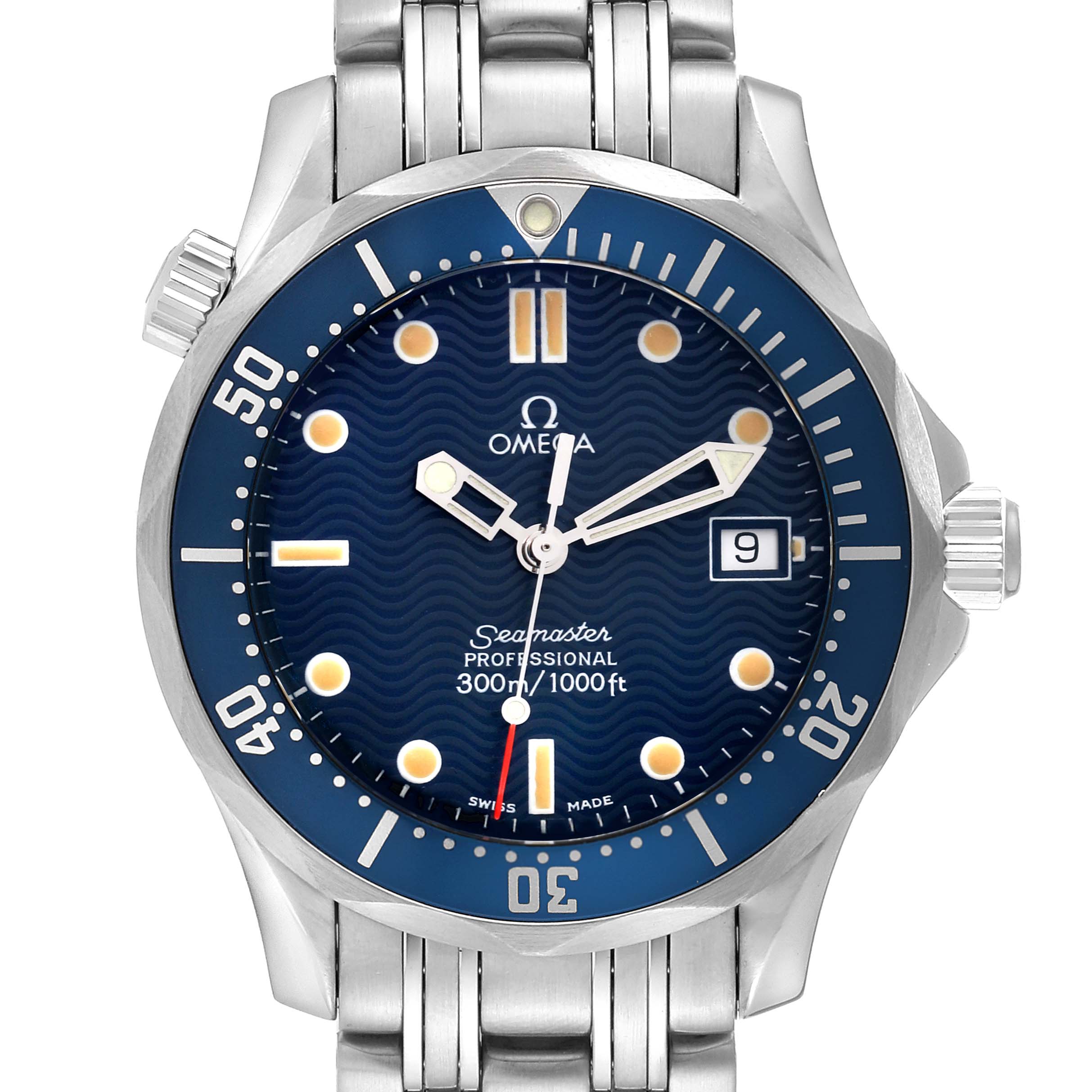 The image shows a front view of an Omega Seamaster 2561.80.00 Men
s Stainless Steel Blue Dial 2561.80.00 Men
s Stainless Steel Blue Dial watch with a blue dial, stainless steel bezel, and bracelet.