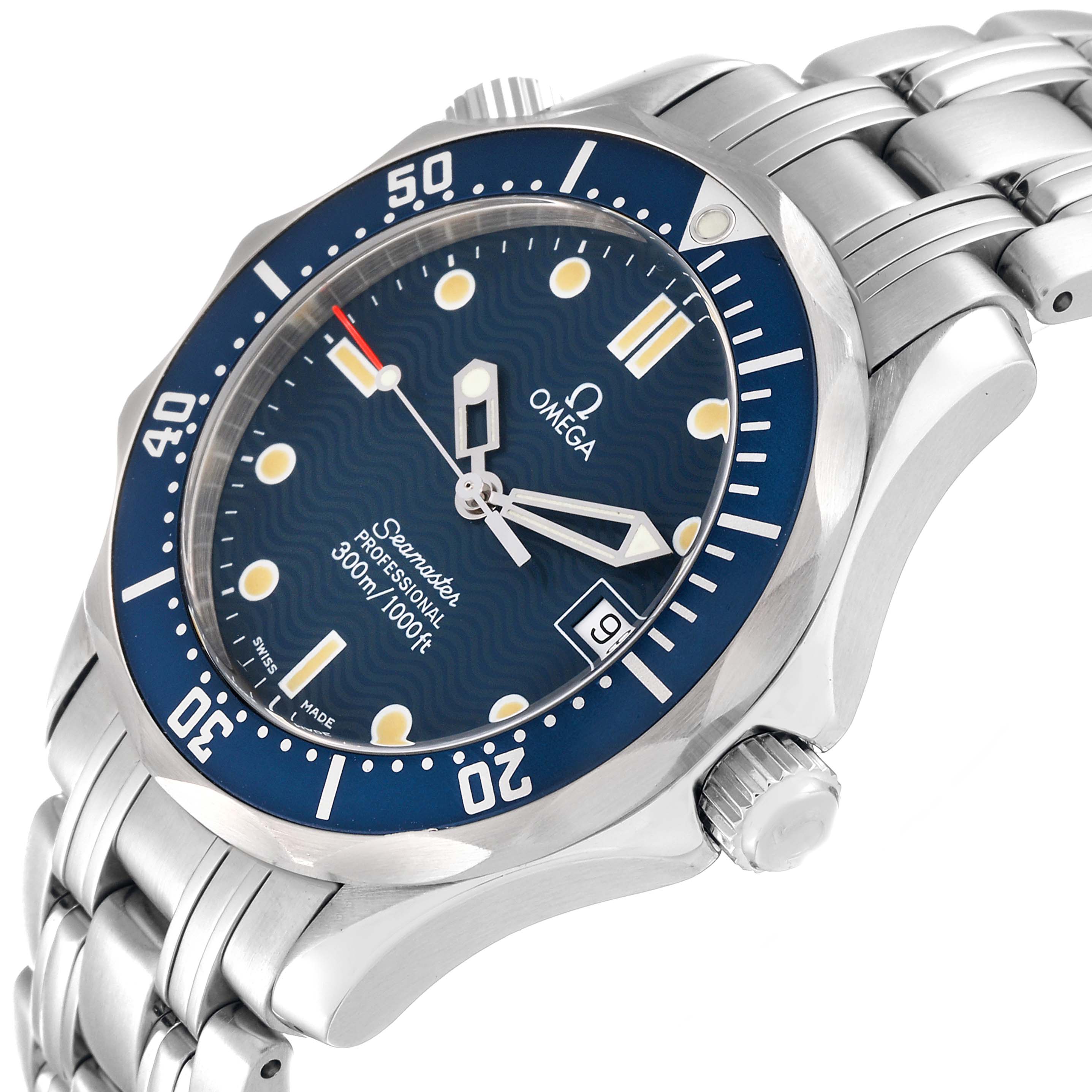 The image shows an angled view of the Omega Seamaster 2561.80.00 Men
s Stainless Steel Blue Dial 2561.80.00 Men
s Stainless Steel Blue Dial watch, highlighting the face, bezel, dial, crown, and stainless steel bracelet.