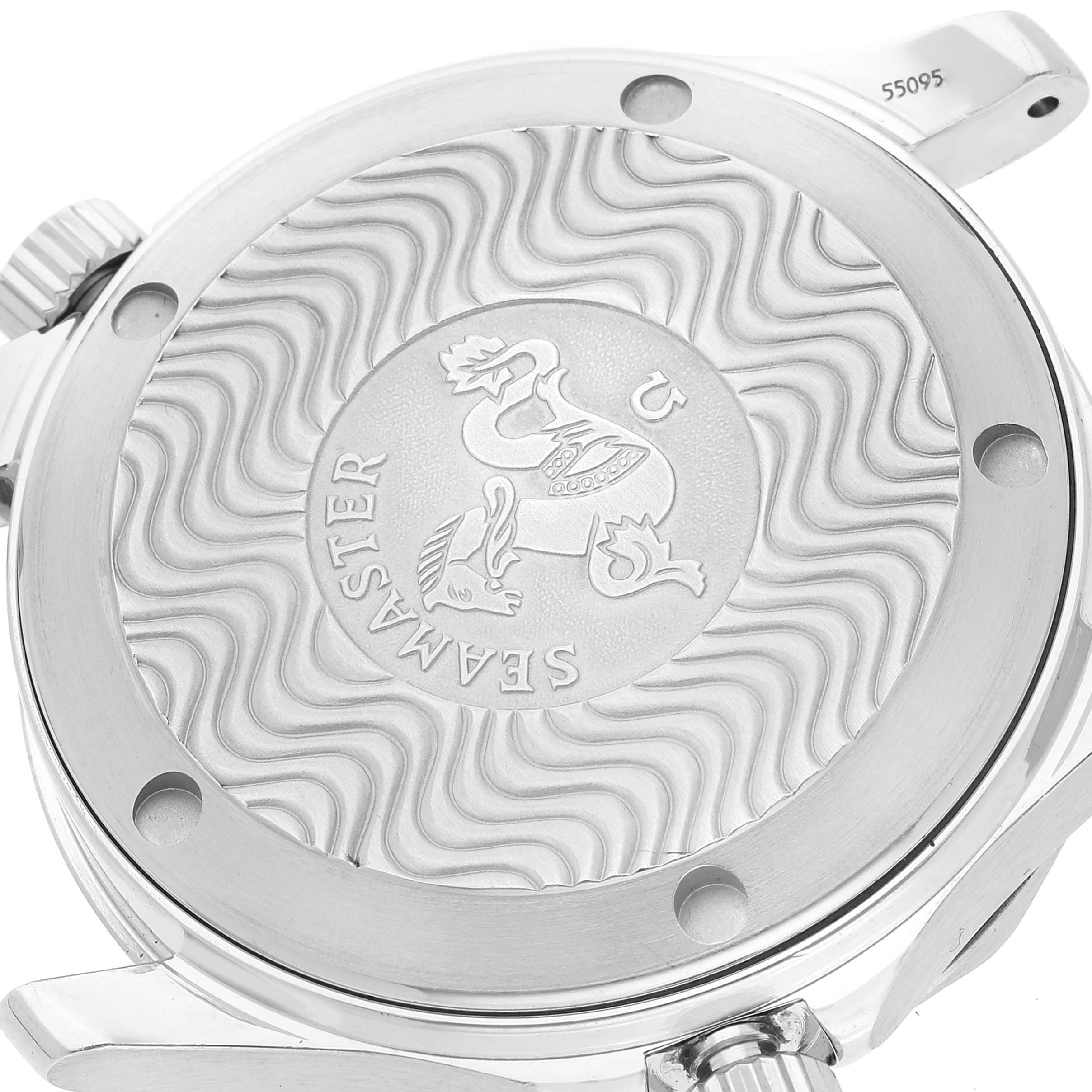 The image shows the back casing of an Omega Seamaster 2561.80.00 Men
s Stainless Steel Blue Dial 2561.80.00 Men
s Stainless Steel Blue Dial watch, showcasing its engravings and detailing.