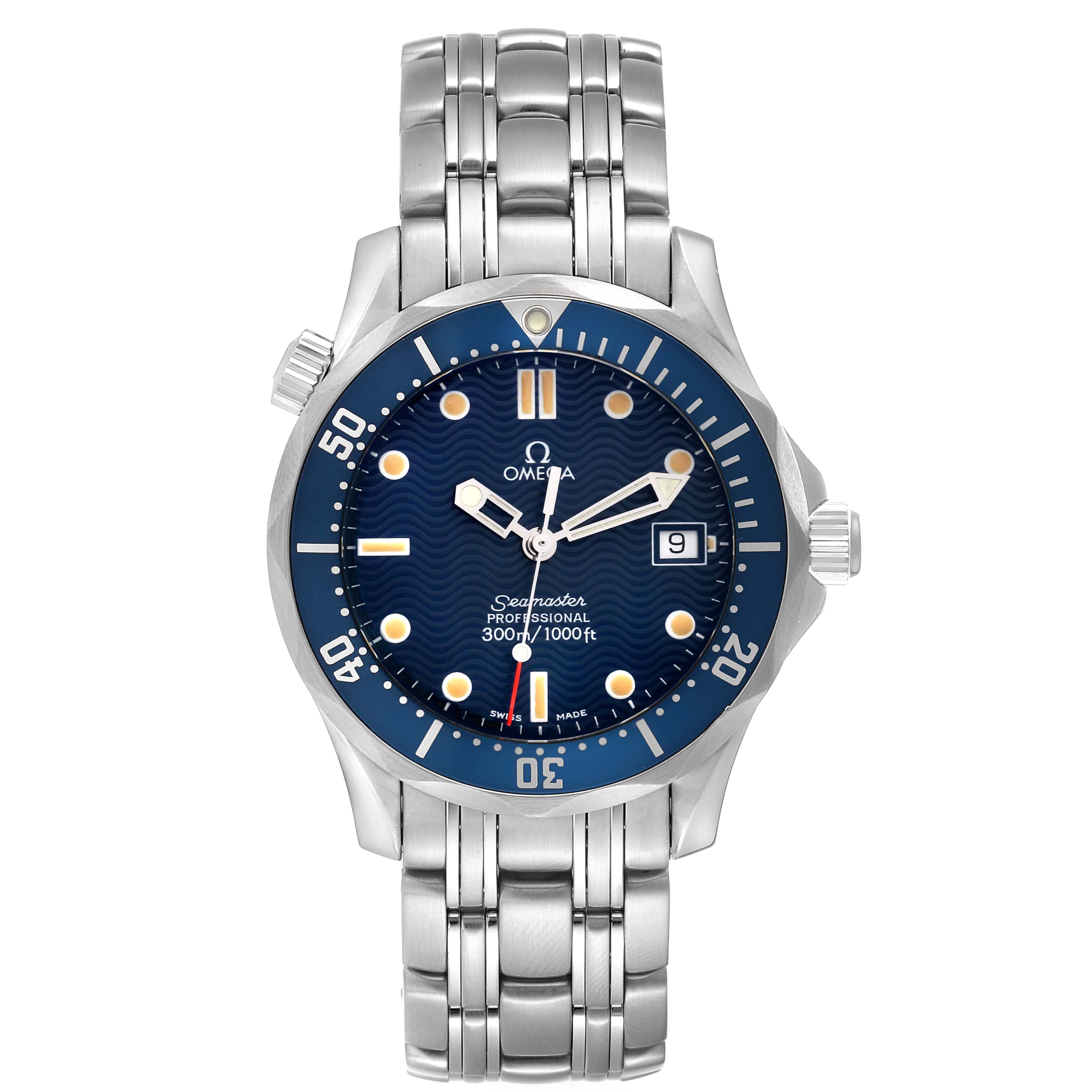 The image shows a front view of the Omega Seamaster 2561.80.00 Men
s Stainless Steel Blue Dial 2561.80.00 Men
s Stainless Steel Blue Dial watch, highlighting its dial, hands, bezel, and stainless steel bracelet.