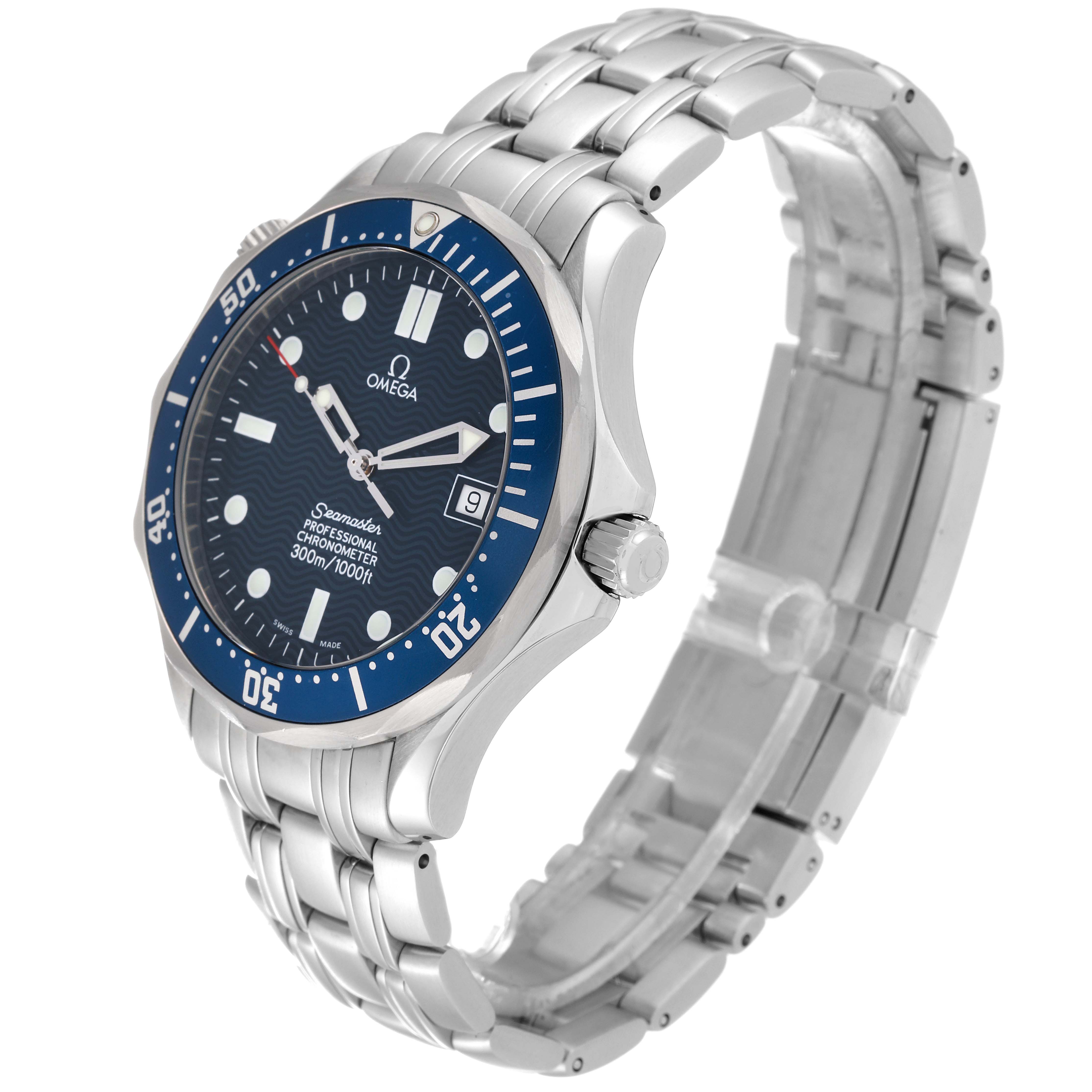 The Omega Seamaster 2531.80.00 Men
s Stainless Steel Blue Dial 2531.80.00 Men
s Stainless Steel Blue Dial watch is shown at a three-quarter angle, displaying the face, bezel, crown, and stainless steel bracelet.