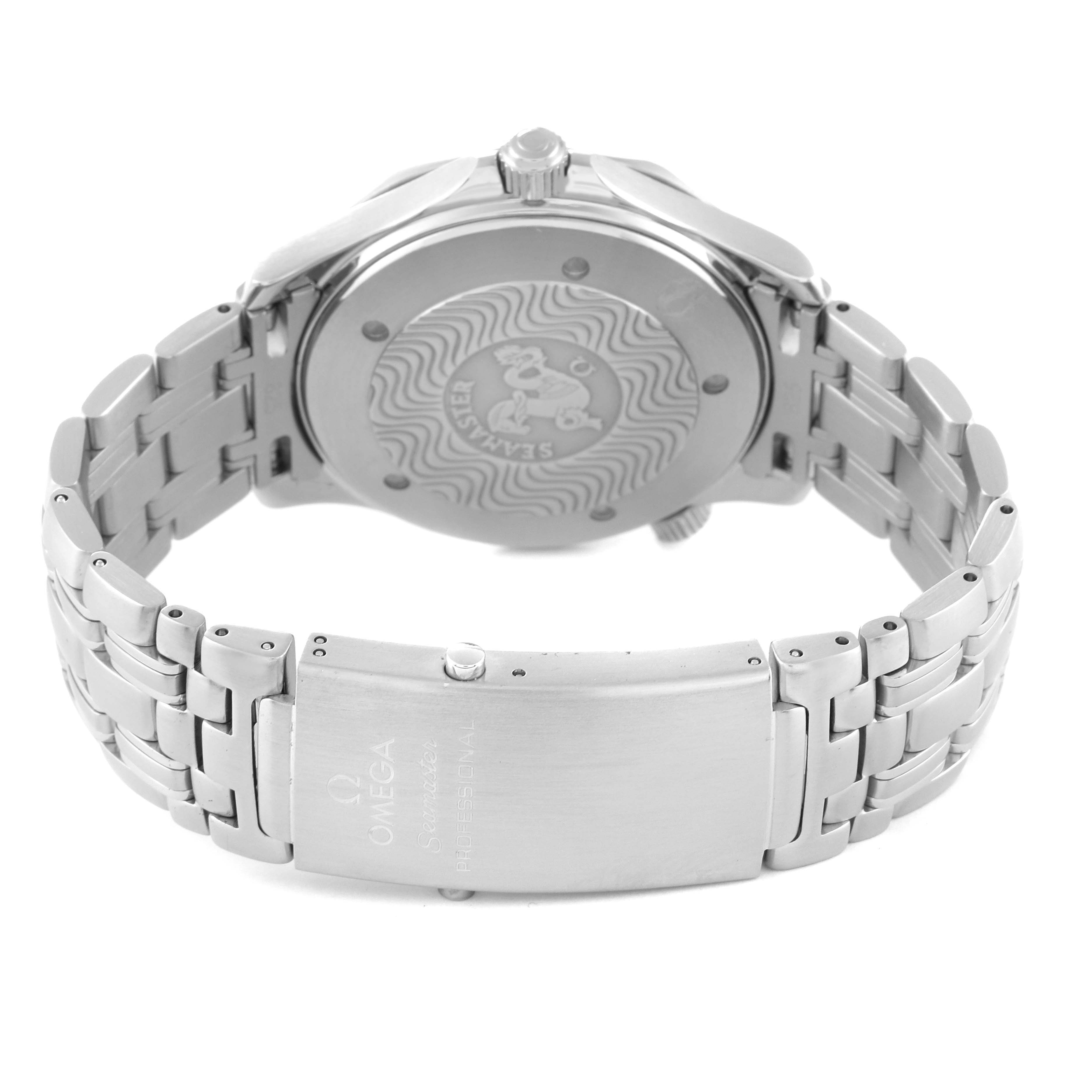 The image shows the back case and clasp of an Omega Seamaster 2531.80.00 Men
s Stainless Steel Blue Dial 2531.80.00 Men
s Stainless Steel Blue Dial, highlighting the bracelet and engraved case back.