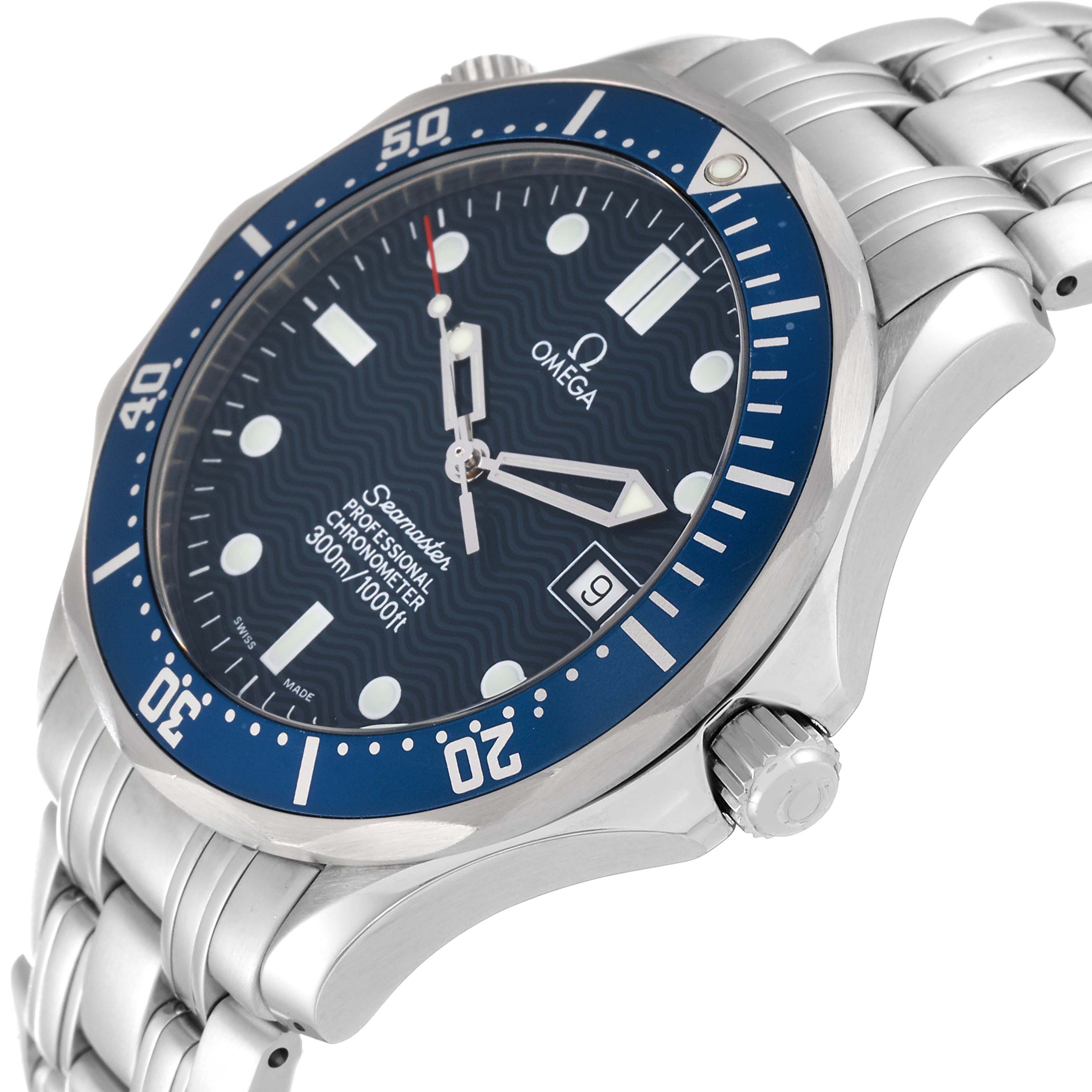 The image shows an angled view of an Omega Seamaster 2531.80.00 Men
s Stainless Steel Blue Dial 2531.80.00 Men
s Stainless Steel Blue Dial watch, focusing on the blue dial, bezel, and stainless steel bracelet.