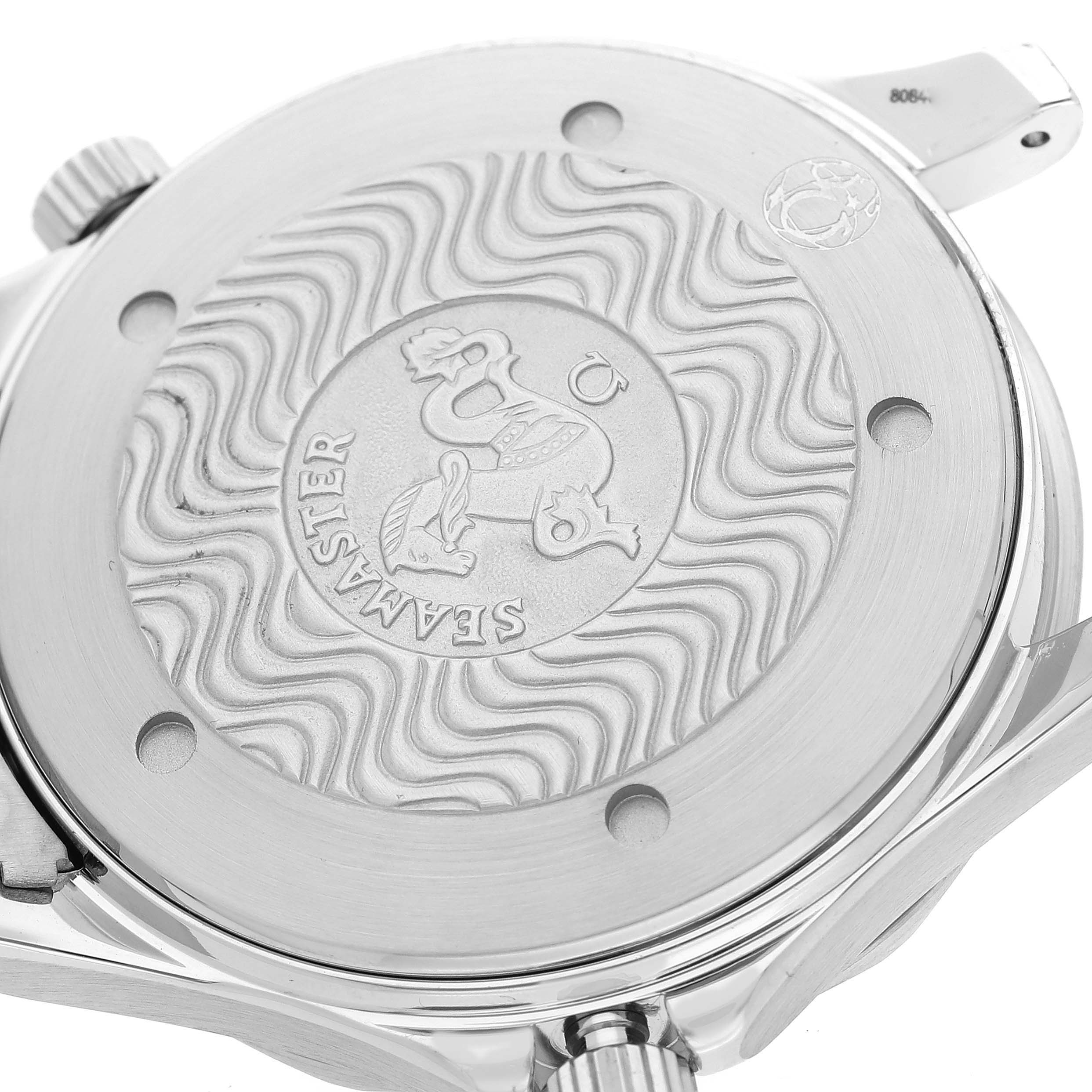 Close-up of the Omega Seamaster 2531.80.00 Men
s Stainless Steel Blue Dial 2531.80.00 Men
s Stainless Steel Blue Dial watch case back, showcasing the engravings and the wave pattern design.