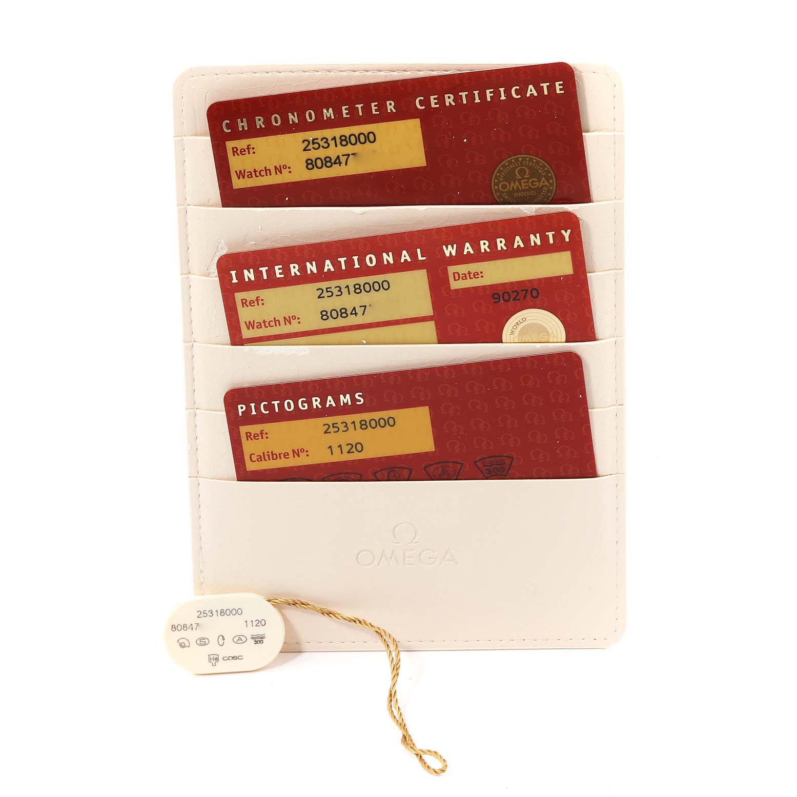 The image shows the warranty and pictograms cards for an Omega Seamaster 2531.80.00 Men
s Stainless Steel Blue Dial 2531.80.00 Men
s Stainless Steel Blue Dial watch, along with a tag, all in a white cardholder.