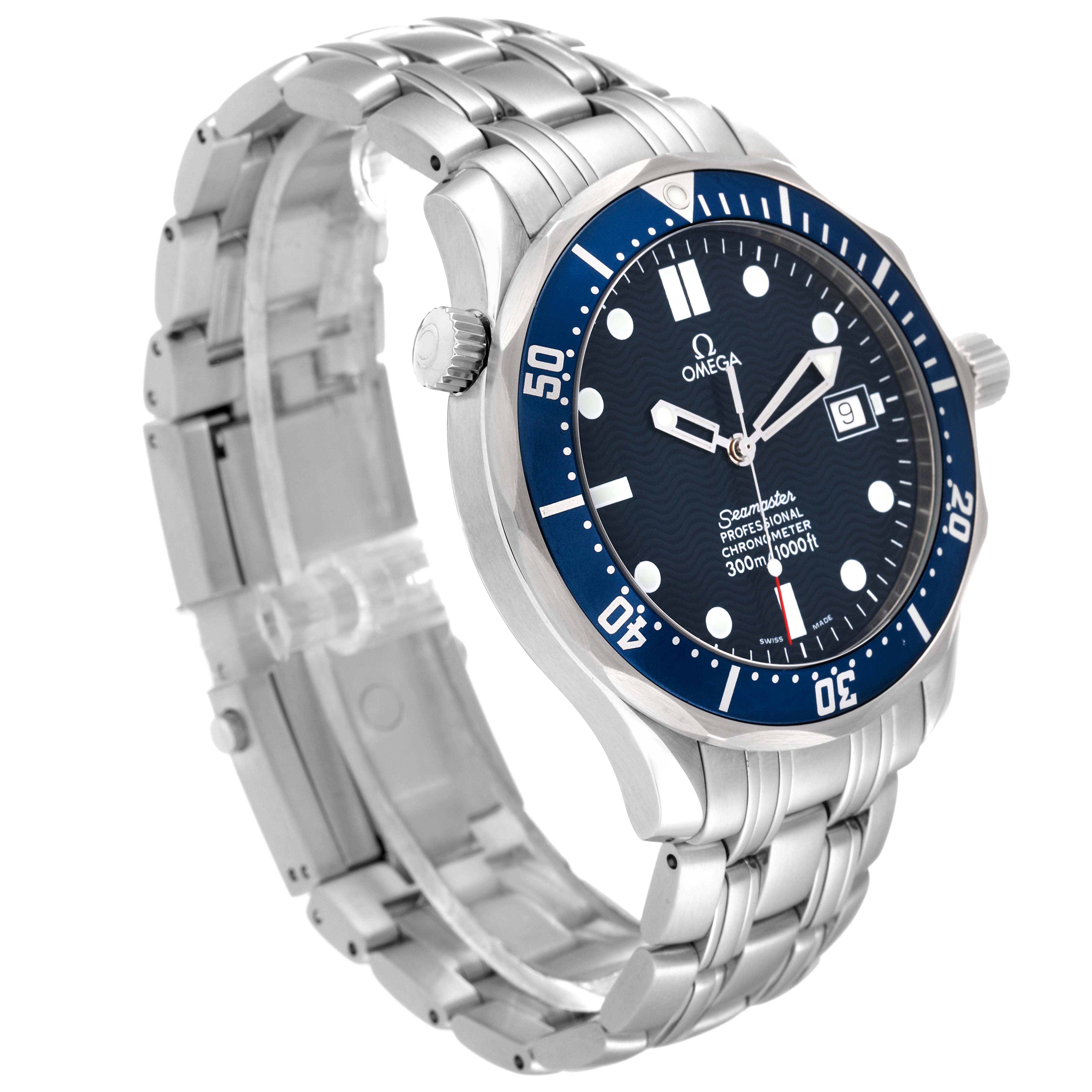 The Omega Seamaster 2531.80.00 Men
s Stainless Steel Blue Dial 2531.80.00 Men
s Stainless Steel Blue Dial watch is shown at an angle displaying the face, bezel, crown, and stainless steel bracelet.
