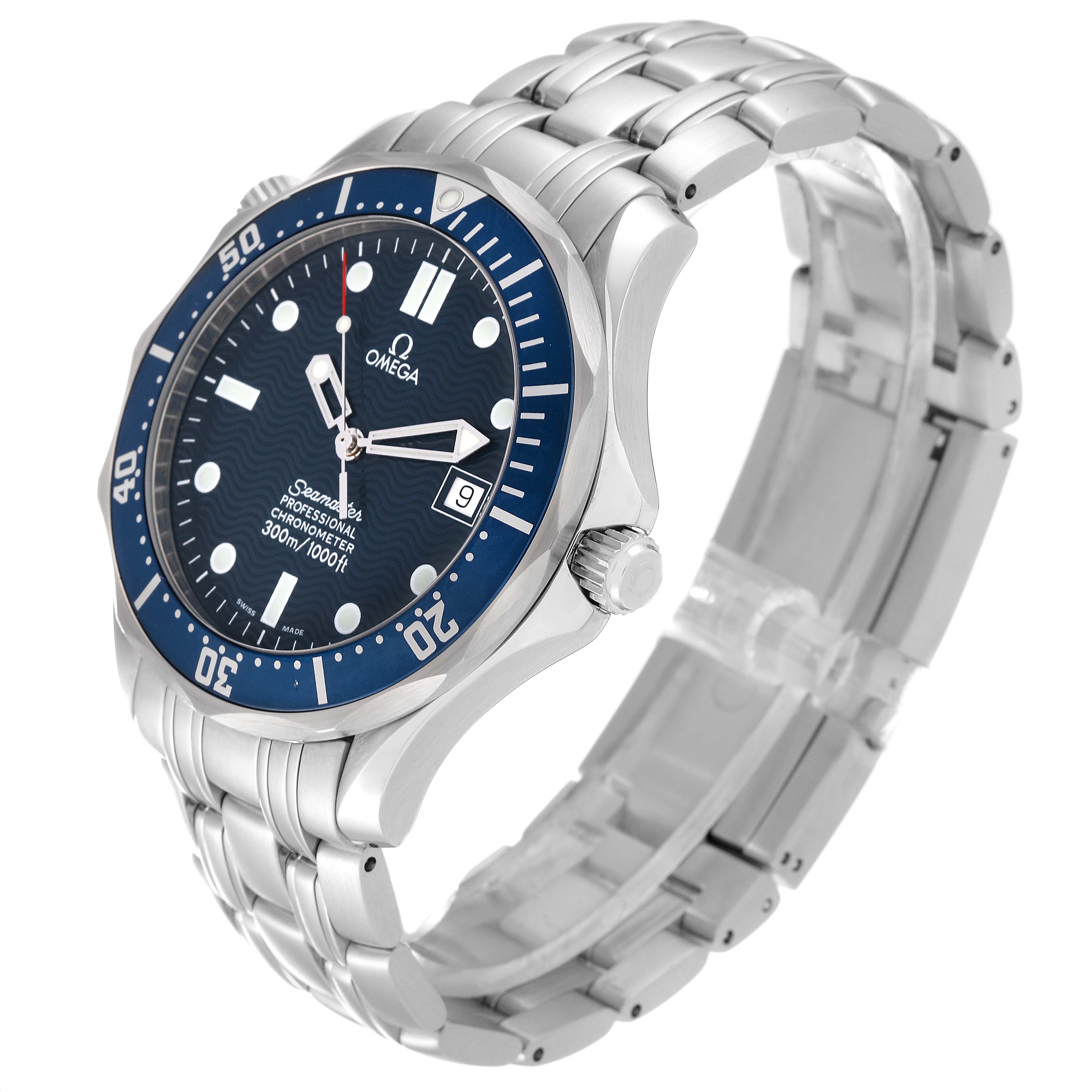 The image shows an angled side view of the Omega Seamaster 2531.80.00 Men
s Stainless Steel Blue Dial 2531.80.00 Men
s Stainless Steel Blue Dial watch, featuring its face, bezel, crown, and bracelet.