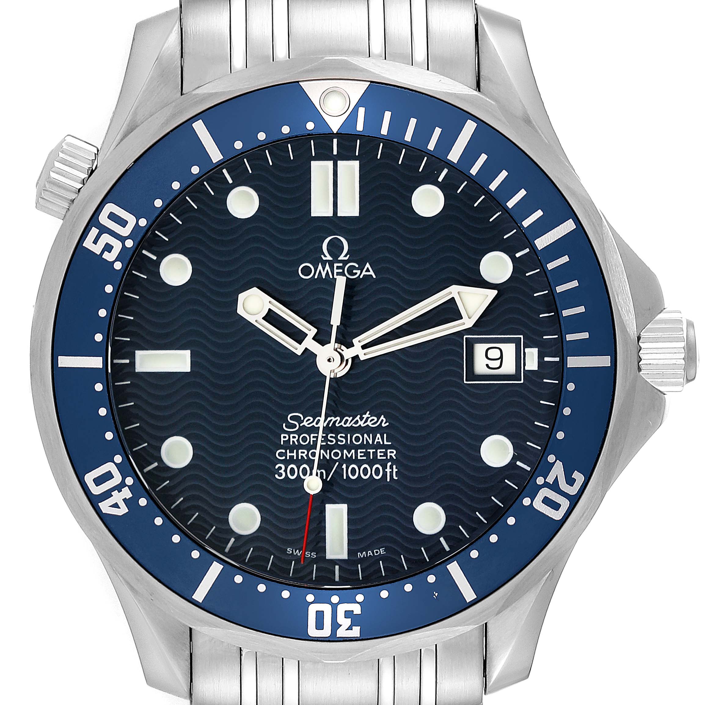 The image shows a front view of the Omega Seamaster 2531.80.00 Men
s Stainless Steel Blue Dial 2531.80.00 Men
s Stainless Steel Blue Dial watch, highlighting the dial, bezel, and part of the metal bracelet.