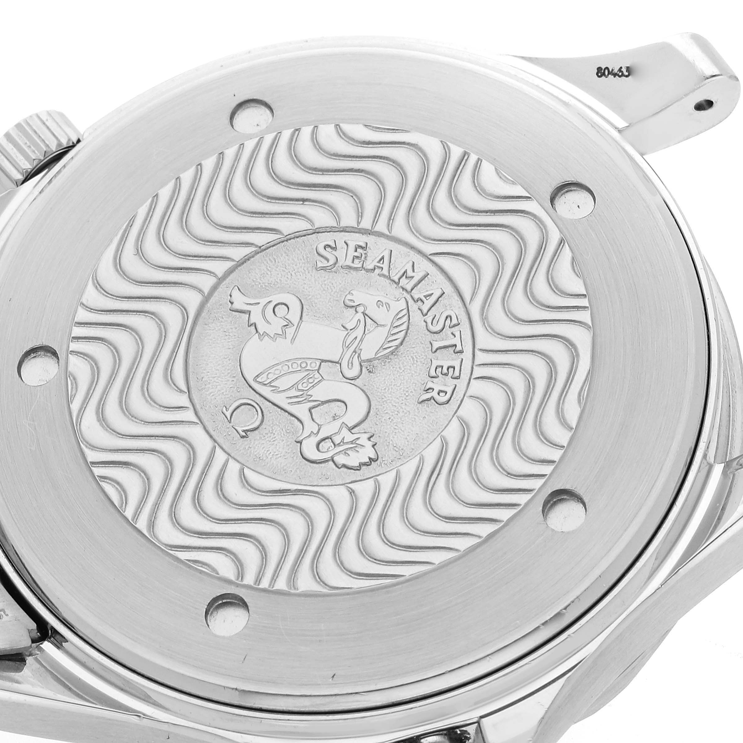 The image shows the case back of an Omega Seamaster 2531.80.00 Men
s Stainless Steel Blue Dial 2531.80.00 Men
s Stainless Steel Blue Dial watch, featuring its engraved design and logo.