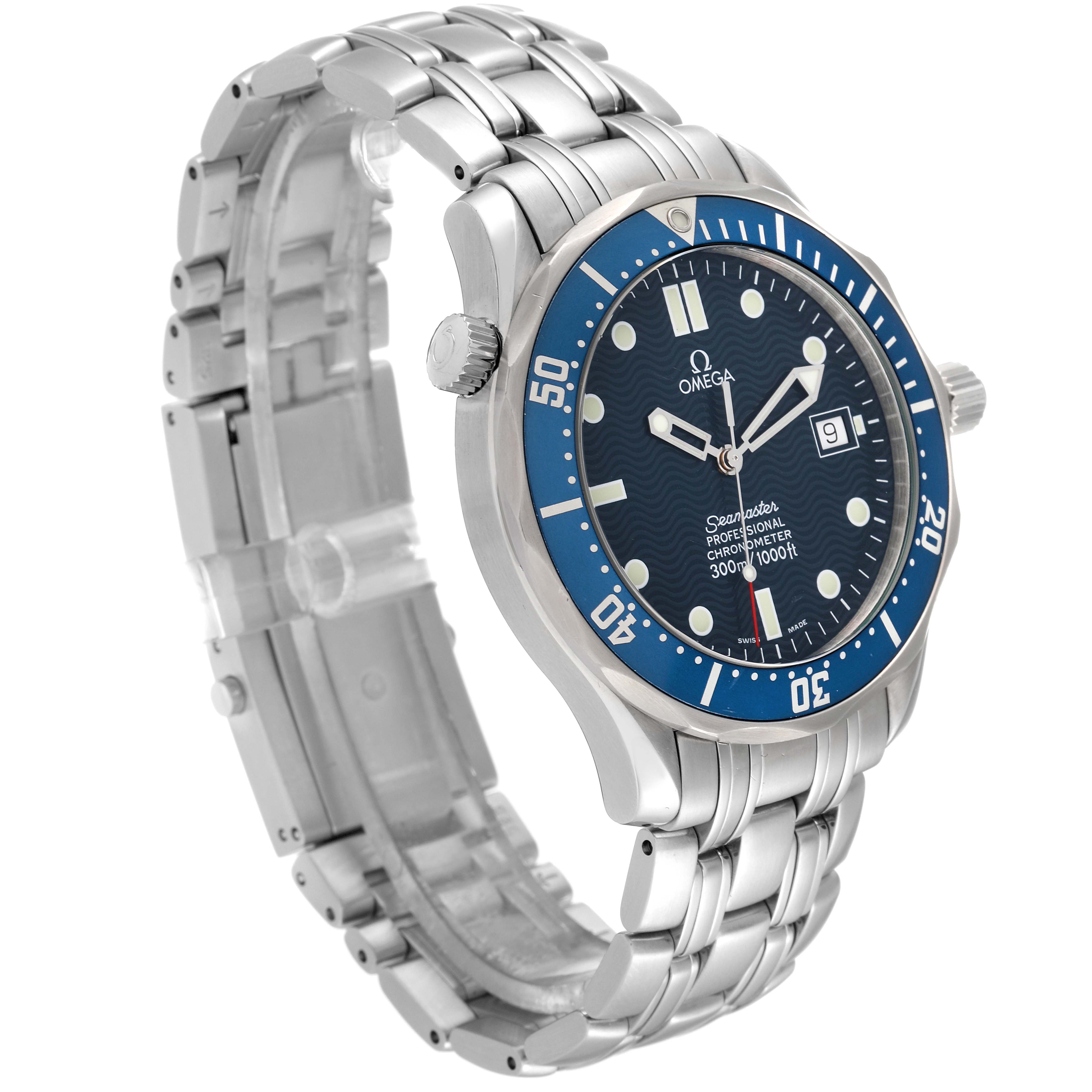 The Omega Seamaster 2531.80.00 Men
s Stainless Steel Blue Dial 2531.80.00 Men
s Stainless Steel Blue Dial watch is shown at an angle that highlights the face, bezel, and portion of the stainless steel bracelet.