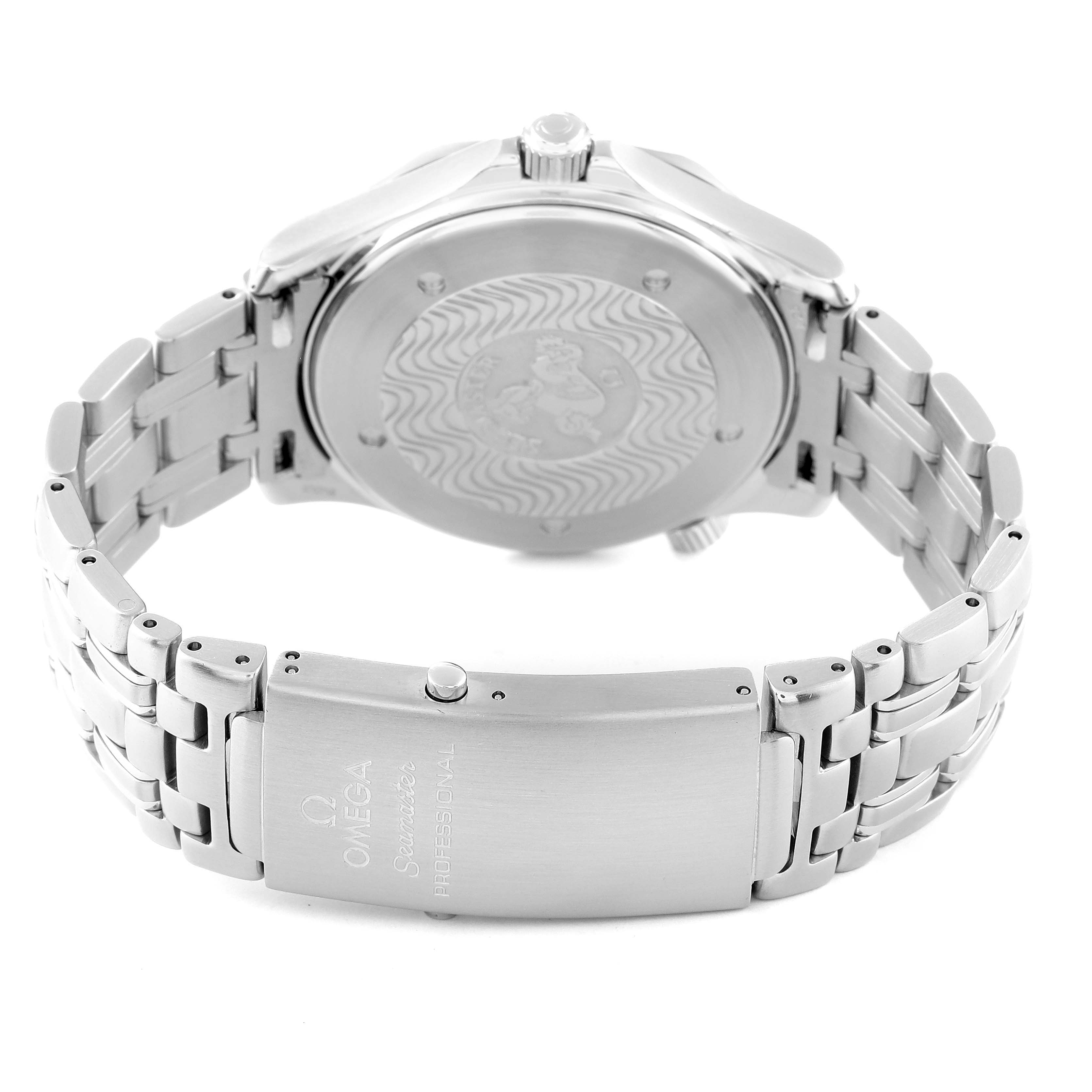 The image shows the back view of an Omega Seamaster 2531.80.00 Men
s Stainless Steel Blue Dial 2531.80.00 Men
s Stainless Steel Blue Dial watch, including its back case and stainless steel bracelet with the clasp visible.