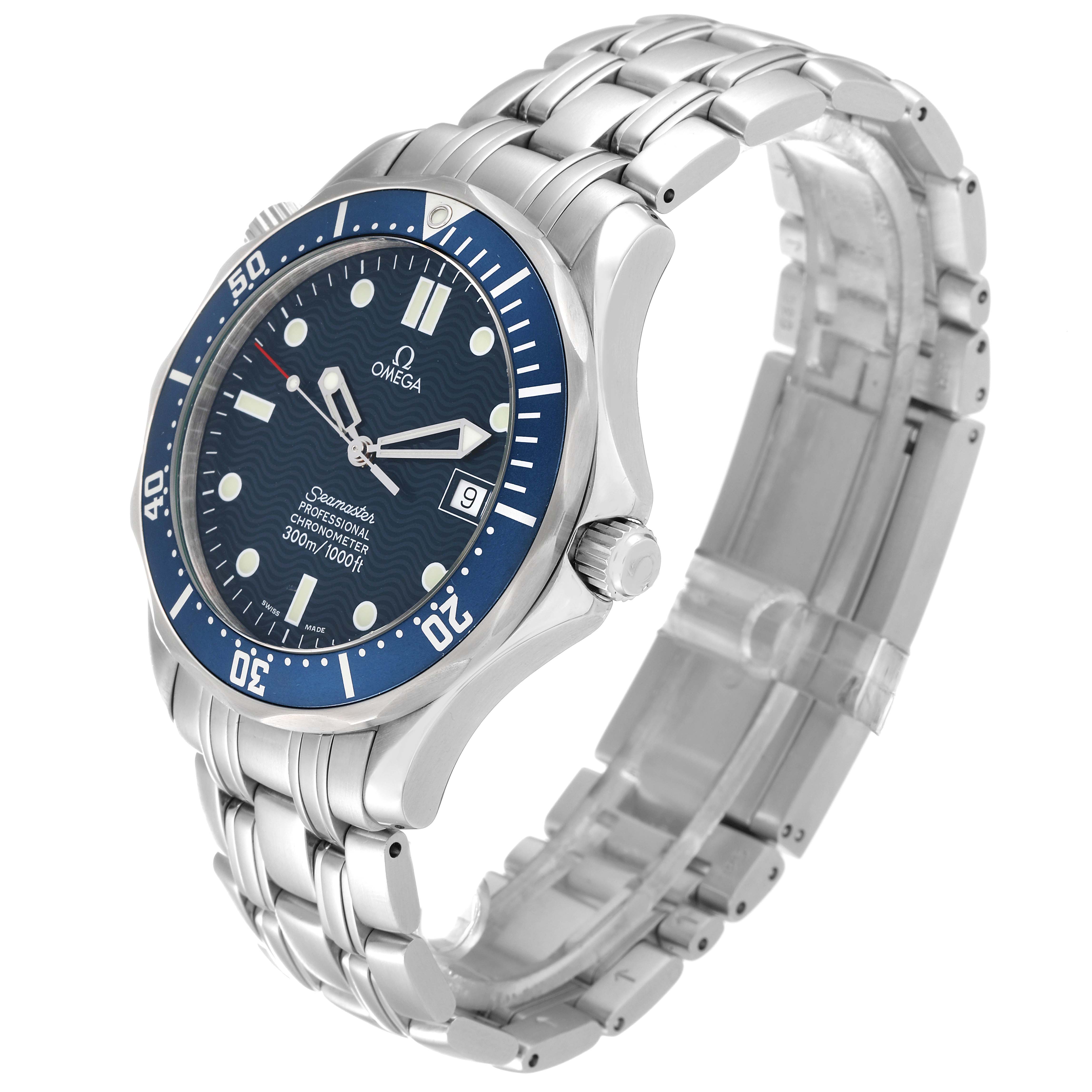 The image showcases an Omega Seamaster 2531.80.00 Men
s Stainless Steel Blue Dial 2531.80.00 Men
s Stainless Steel Blue Dial watch at a three-quarter angle, highlighting the face, bezel, crown, and stainless steel band.
