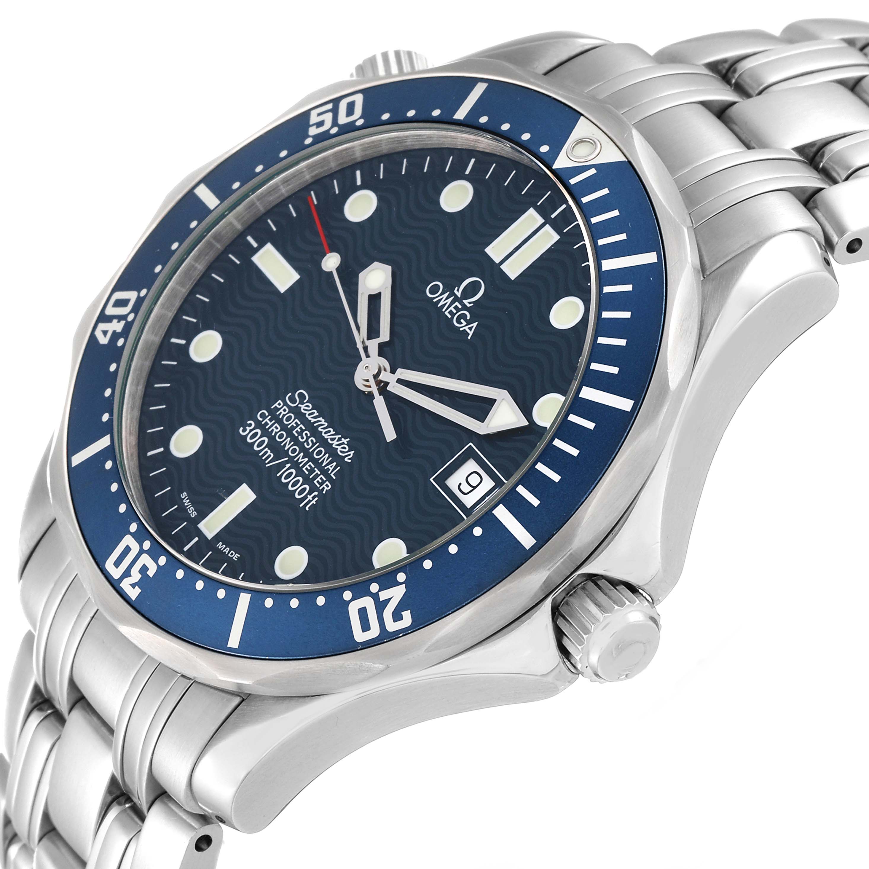 The image shows an angled side view of the Omega Seamaster 2531.80.00 Men
s Stainless Steel Blue Dial 2531.80.00 Men
s Stainless Steel Blue Dial watch, highlighting the face, bezel, crown, and part of the bracelet.