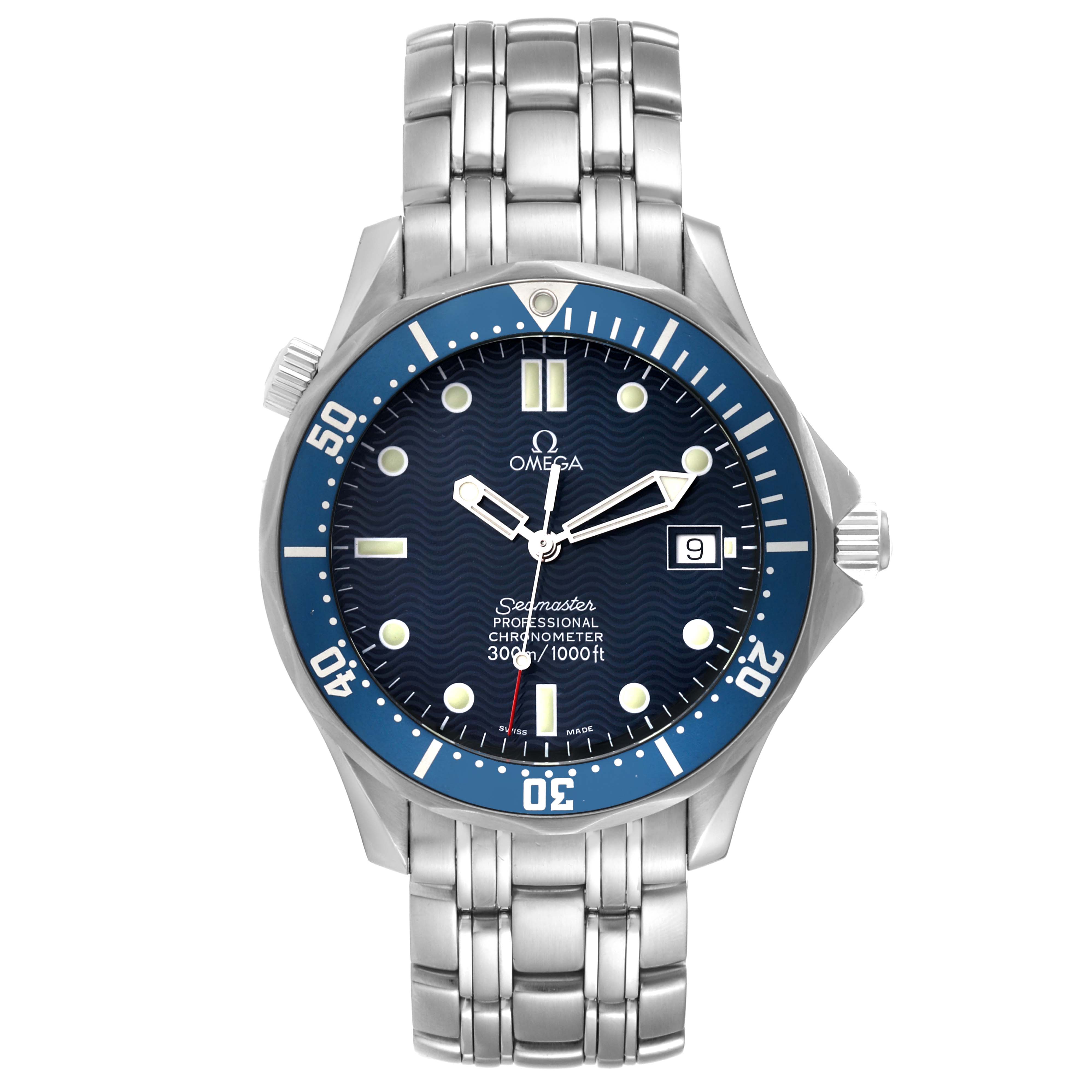 The image shows a front view of an Omega Seamaster 2531.80.00 Men
s Stainless Steel Blue Dial 2531.80.00 Men
s Stainless Steel Blue Dial watch, including the dial, bezel, hands, bracelet, and crown.