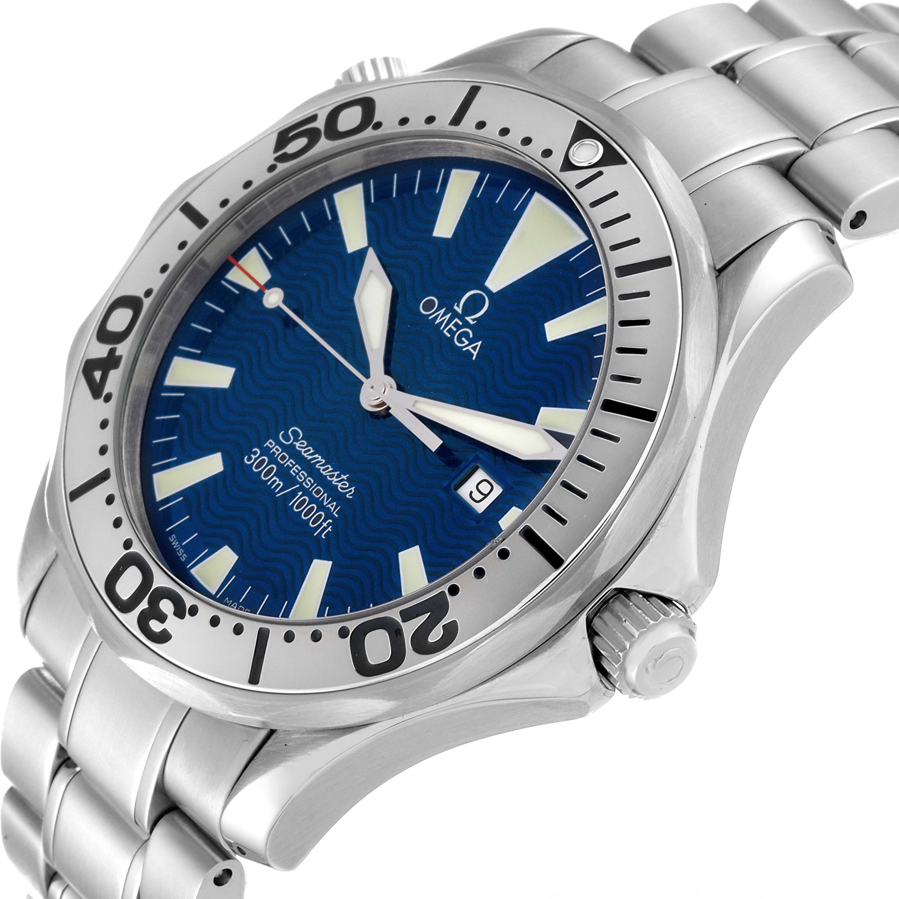 The image shows an angled view of an Omega Seamaster 2265.80.00 Men
s Stainless Steel Blue Dial 2265.80.00 Men
s Stainless Steel Blue Dial watch, highlighting its dial, bezel, crown, and bracelet.