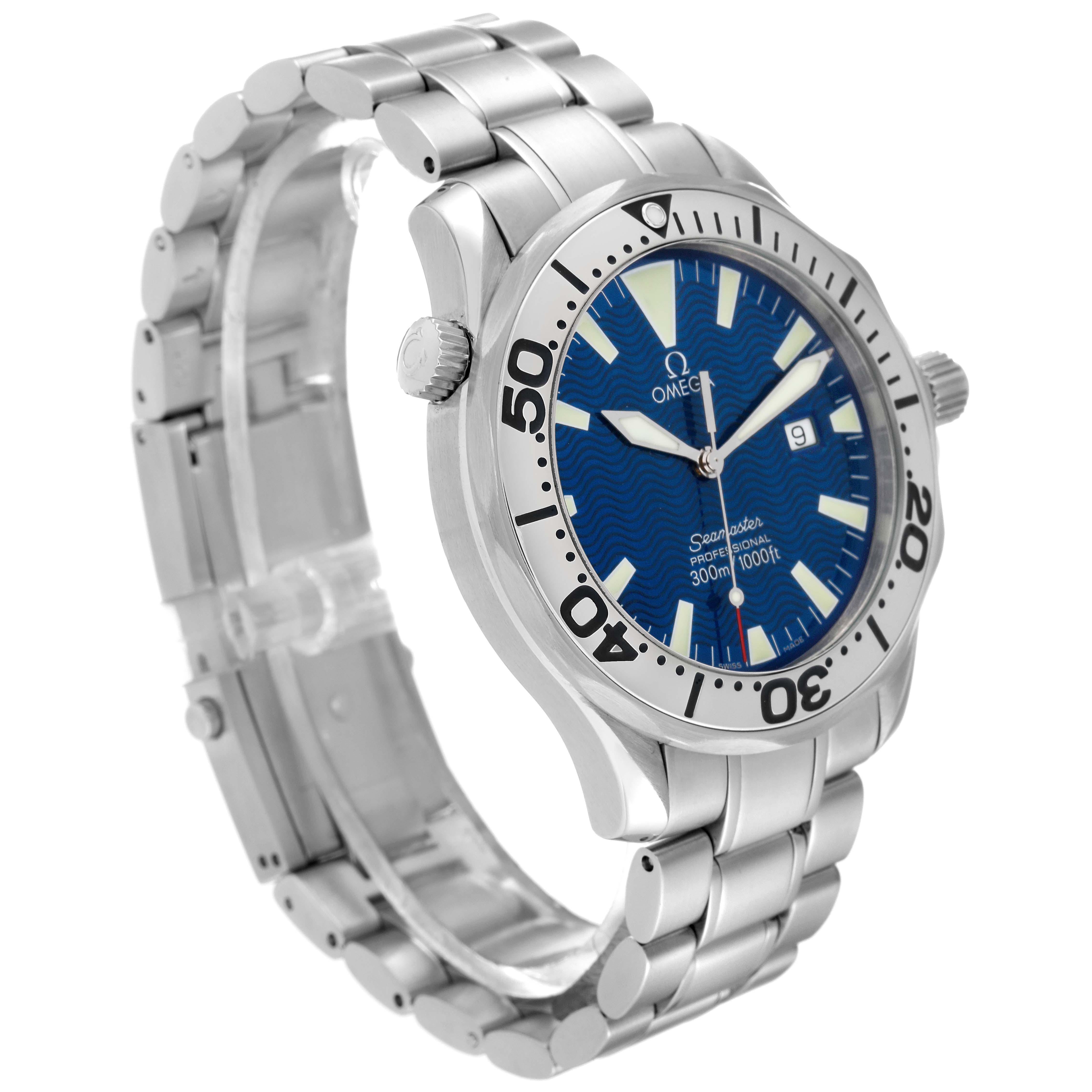 The image shows a side and front angle of an Omega Seamaster 2265.80.00 Men
s Stainless Steel Blue Dial 2265.80.00 Men
s Stainless Steel Blue Dial watch with a blue dial and stainless steel bracelet.
