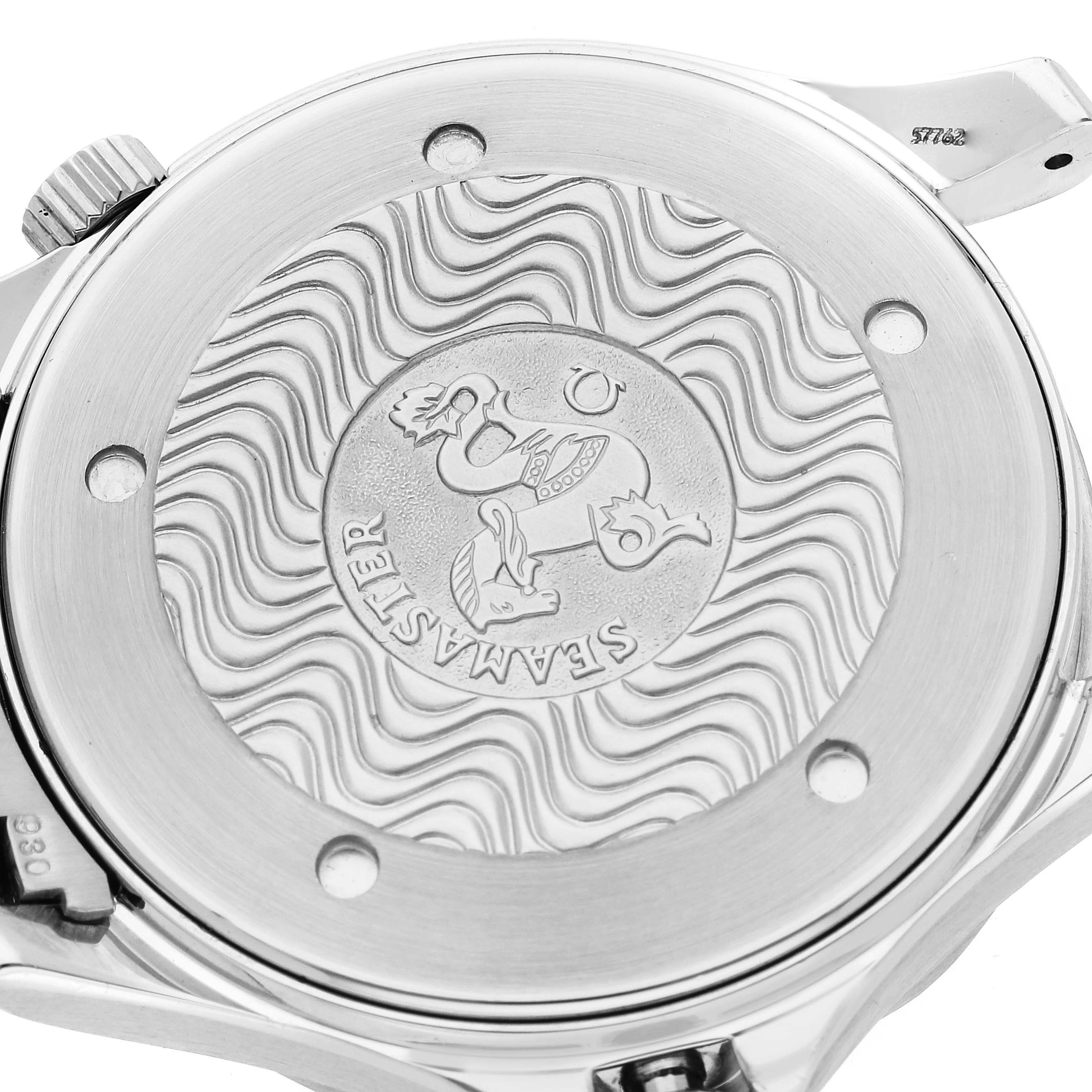 This image shows the case back of an Omega Seamaster 2265.80.00 Men
s Stainless Steel Blue Dial 2265.80.00 Men
s Stainless Steel Blue Dial watch at a slight angle.