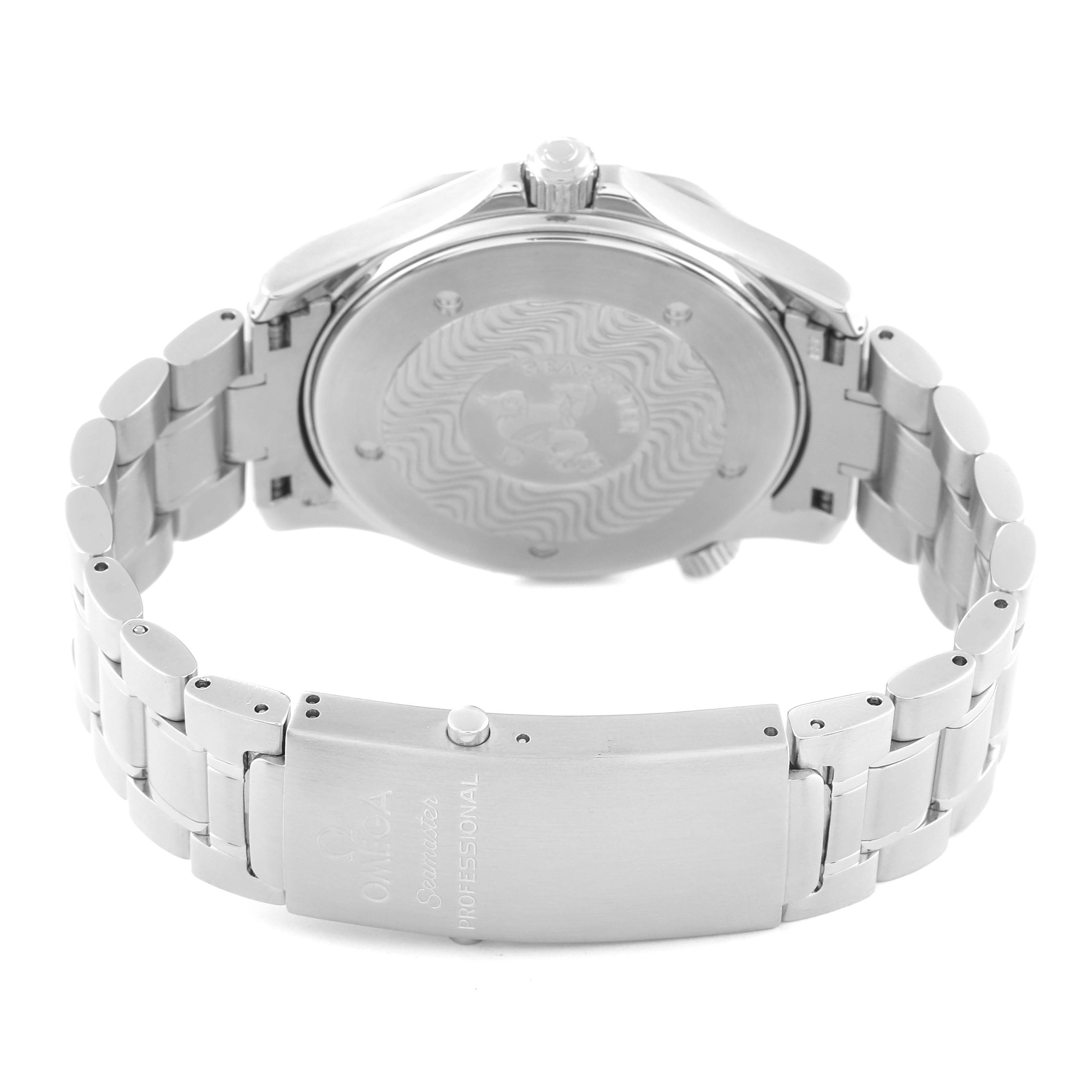 The image shows the back case and bracelet of an Omega Seamaster 2265.80.00 Men
s Stainless Steel Blue Dial 2265.80.00 Men
s Stainless Steel Blue Dial watch, focusing on the clasp and back engraving at an angle.