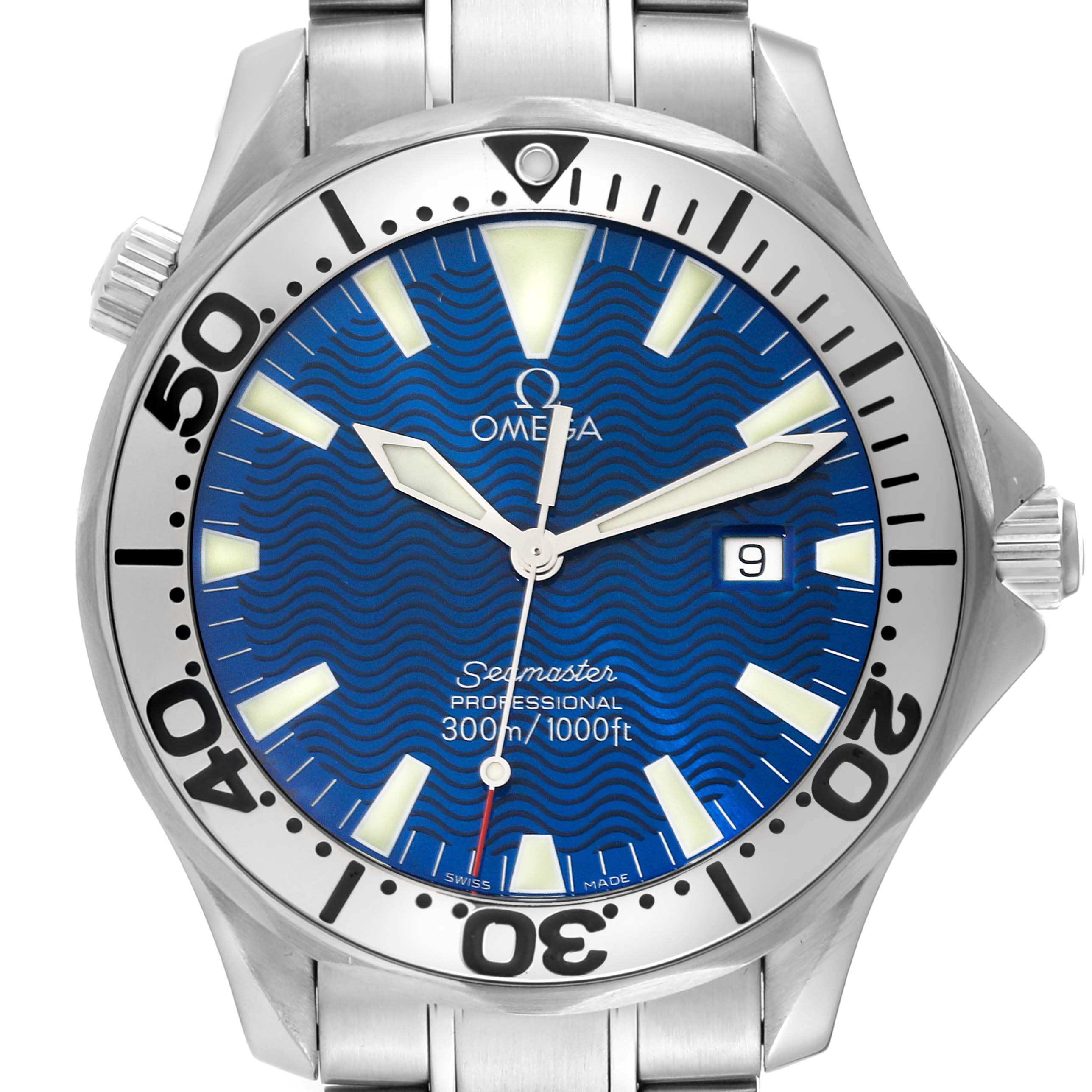 This image shows a front view of the Omega Seamaster 2265.80.00 Men
s Stainless Steel Blue Dial 2265.80.00 Men
s Stainless Steel Blue Dial watch, highlighting the blue dial, rotating bezel, and metal bracelet.