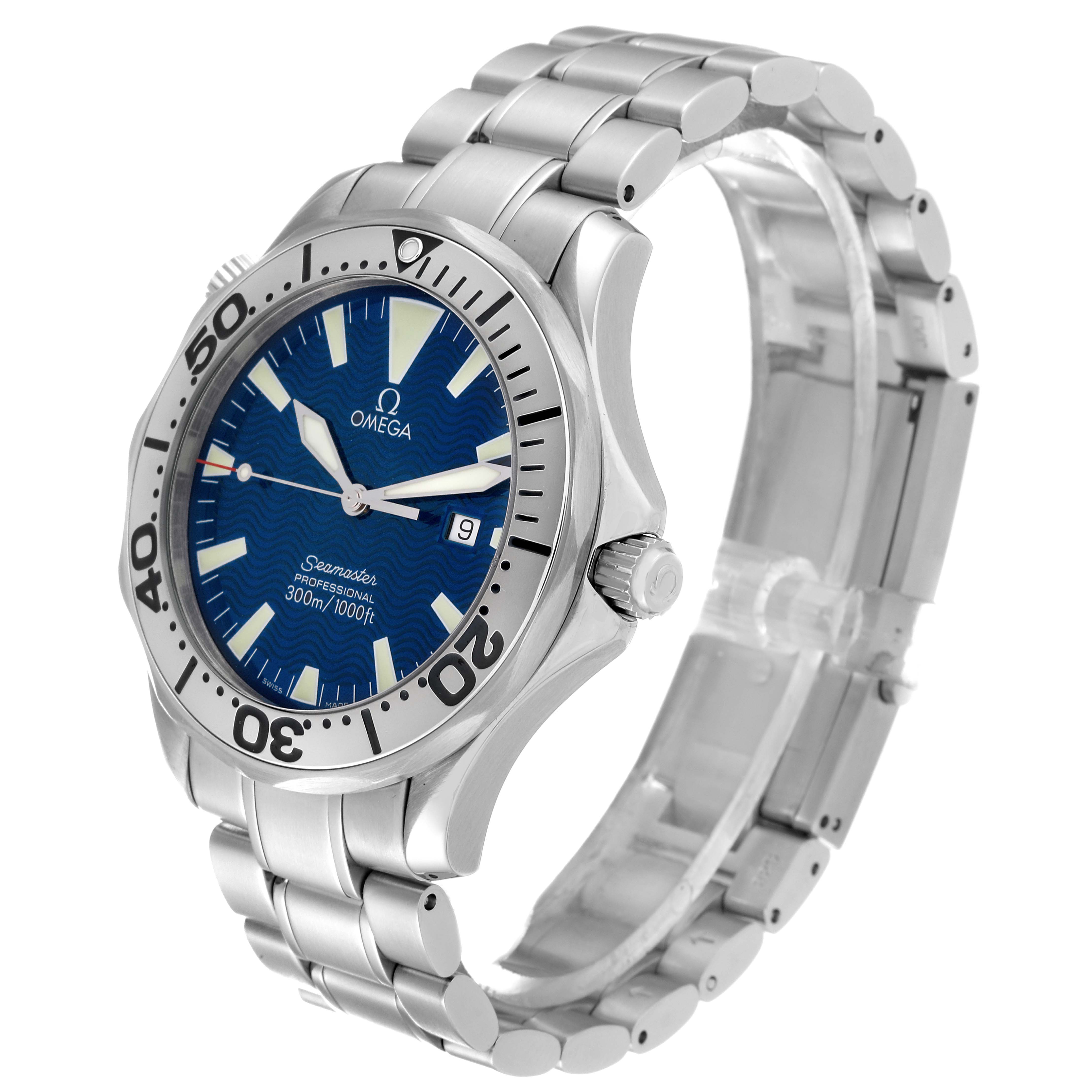 The image shows an Omega Seamaster 2265.80.00 Men
s Stainless Steel Blue Dial 2265.80.00 Men
s Stainless Steel Blue Dial watch with a side angle view, displaying its blue dial, stainless steel case, and bracelet.
