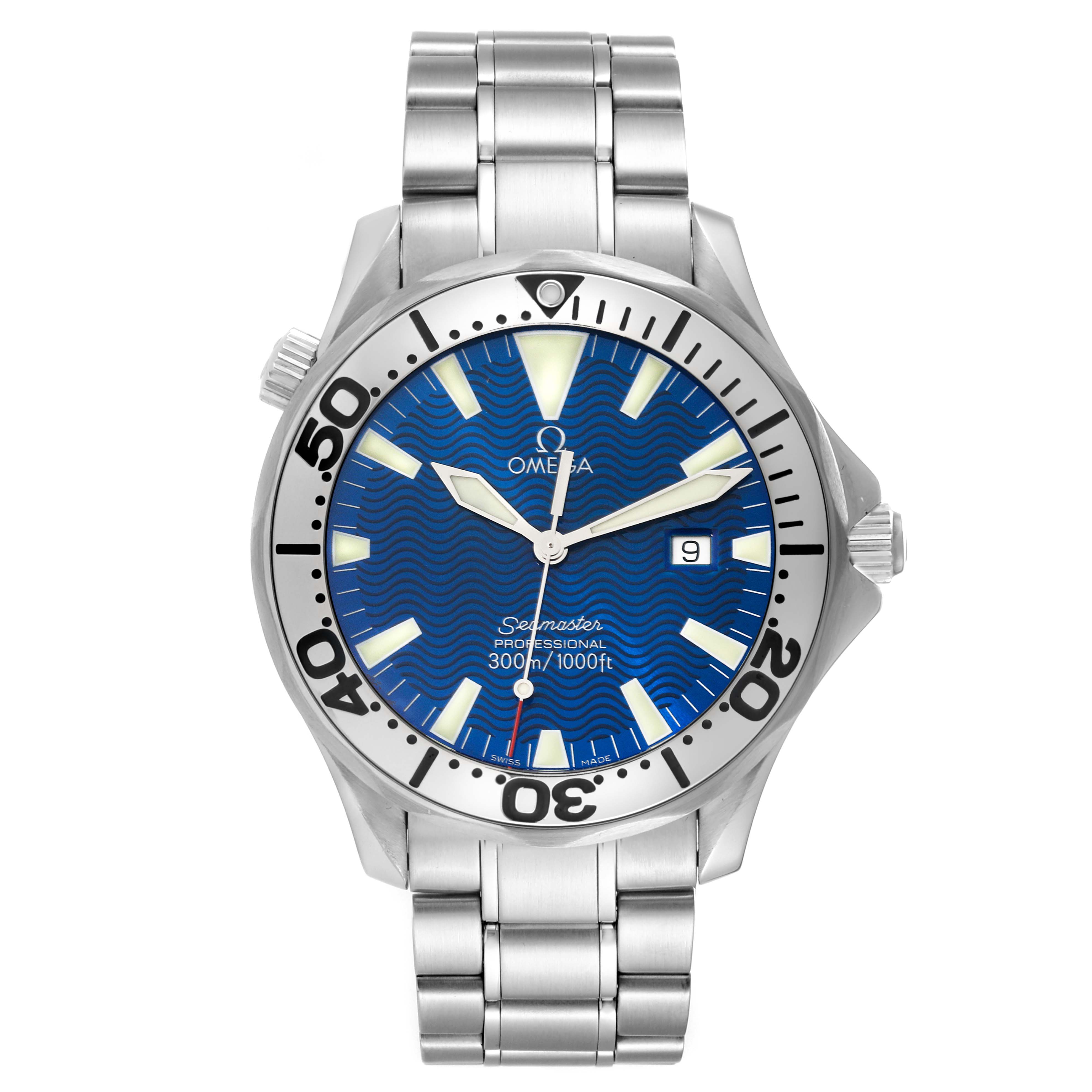 The Omega Seamaster 2265.80.00 Men
s Stainless Steel Blue Dial 2265.80.00 Men
s Stainless Steel Blue Dial watch is shown from the front, displaying its blue dial, rotating bezel, date window, and stainless steel bracelet.