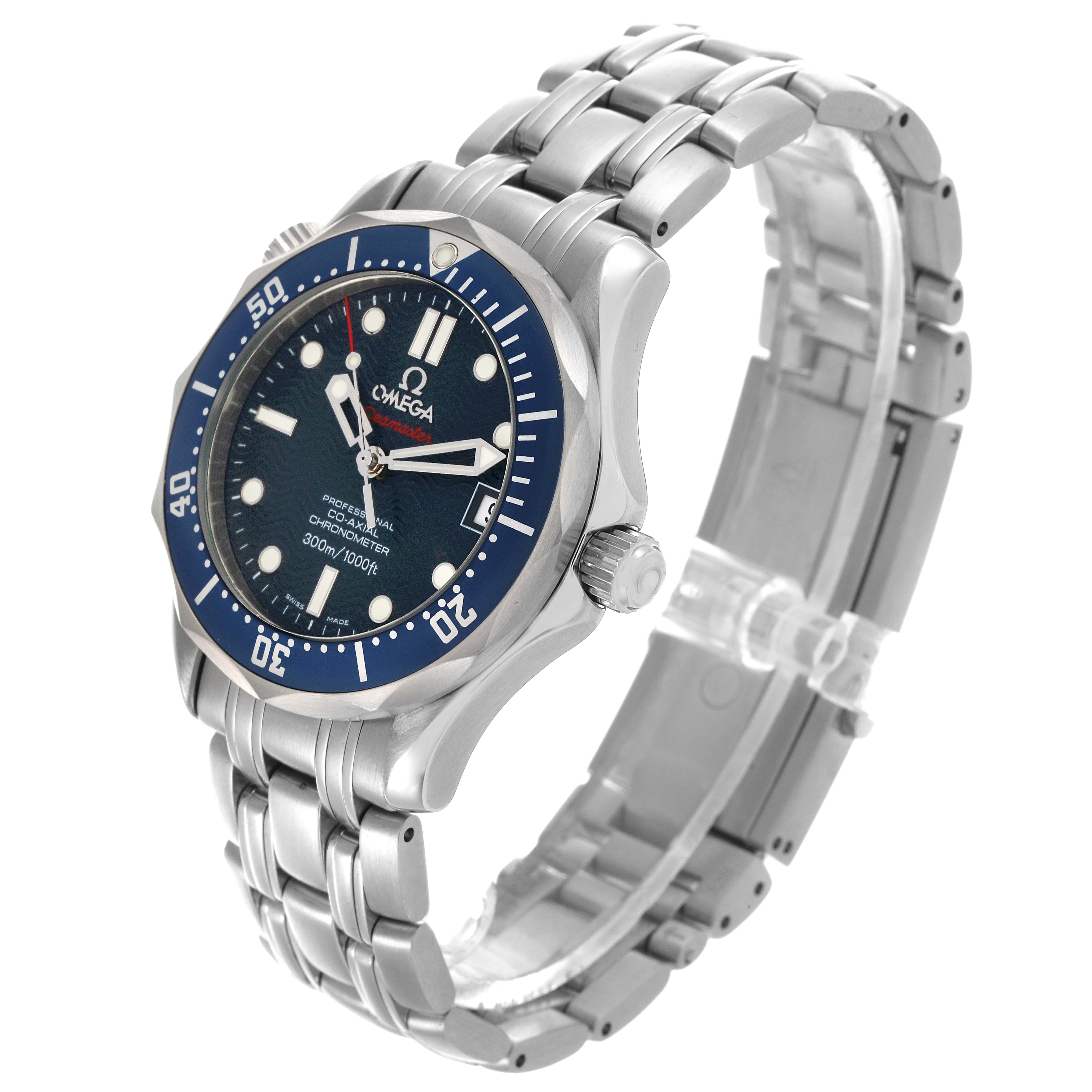 The Omega Seamaster 2222.80.00 Men
s Stainless Steel Blue Dial 2222.80.00 Men
s Stainless Steel Blue Dial watch is shown at a three-quarter angle, highlighting its face, bezel, crown, and metal bracelet.