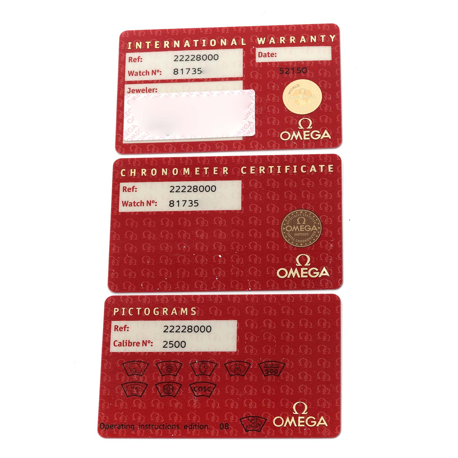 The image shows warranty, chronometer, and pictogram cards for an Omega Seamaster 2222.80.00 Men
s Stainless Steel Blue Dial 2222.80.00 Men
s Stainless Steel Blue Dial watch laid flat.