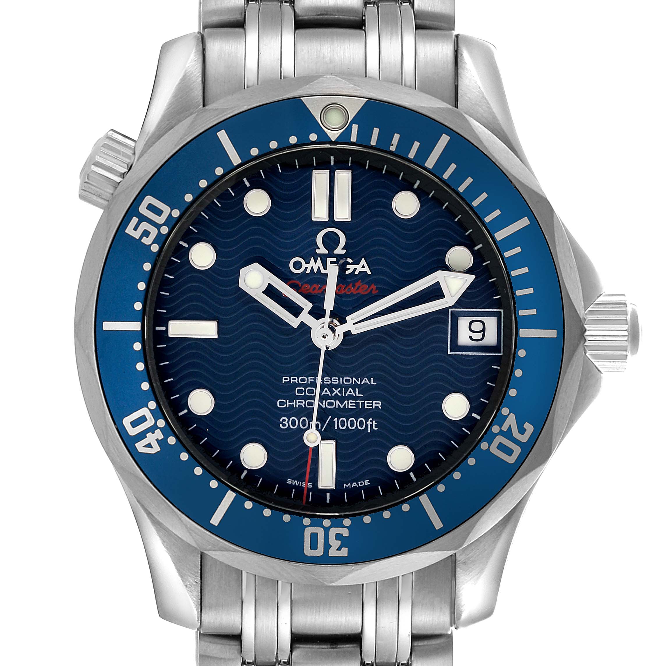 The Omega Seamaster 2222.80.00 Men
s Stainless Steel Blue Dial 2222.80.00 Men
s Stainless Steel Blue Dial watch is shown from a front angle, displaying its dial, bezel, crown, and part of the bracelet.