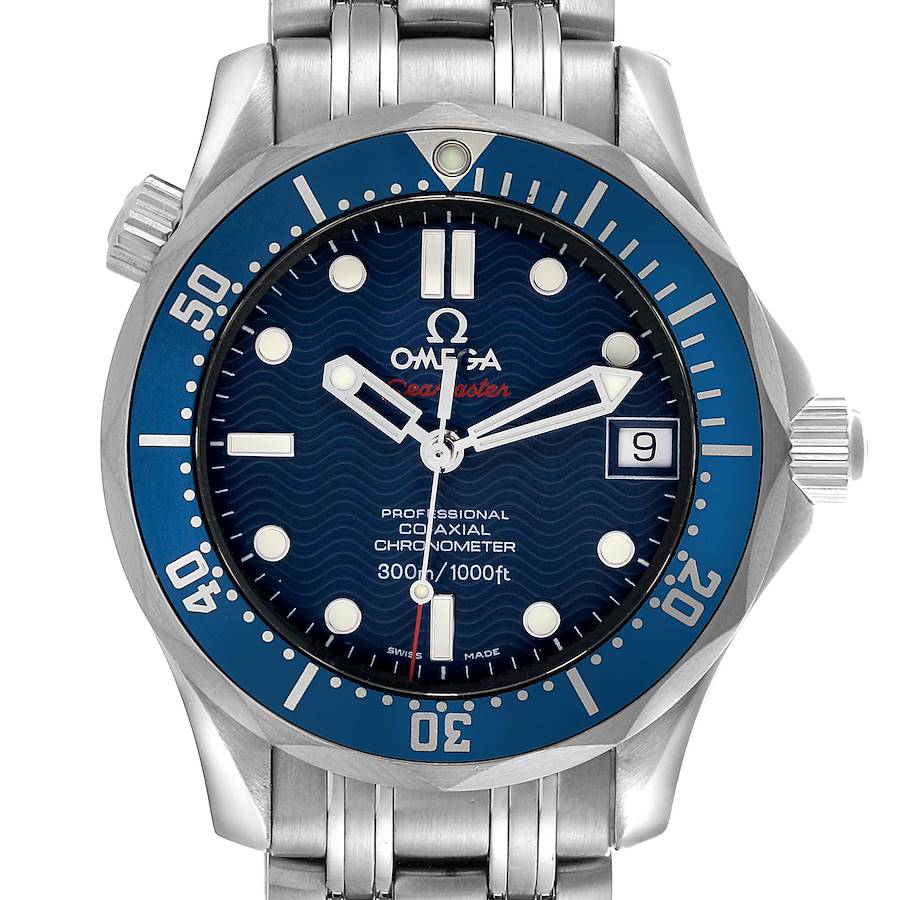 The Omega Seamaster watch is shown from a front angle, displaying its dial, bezel, crown, and part of the bracelet.