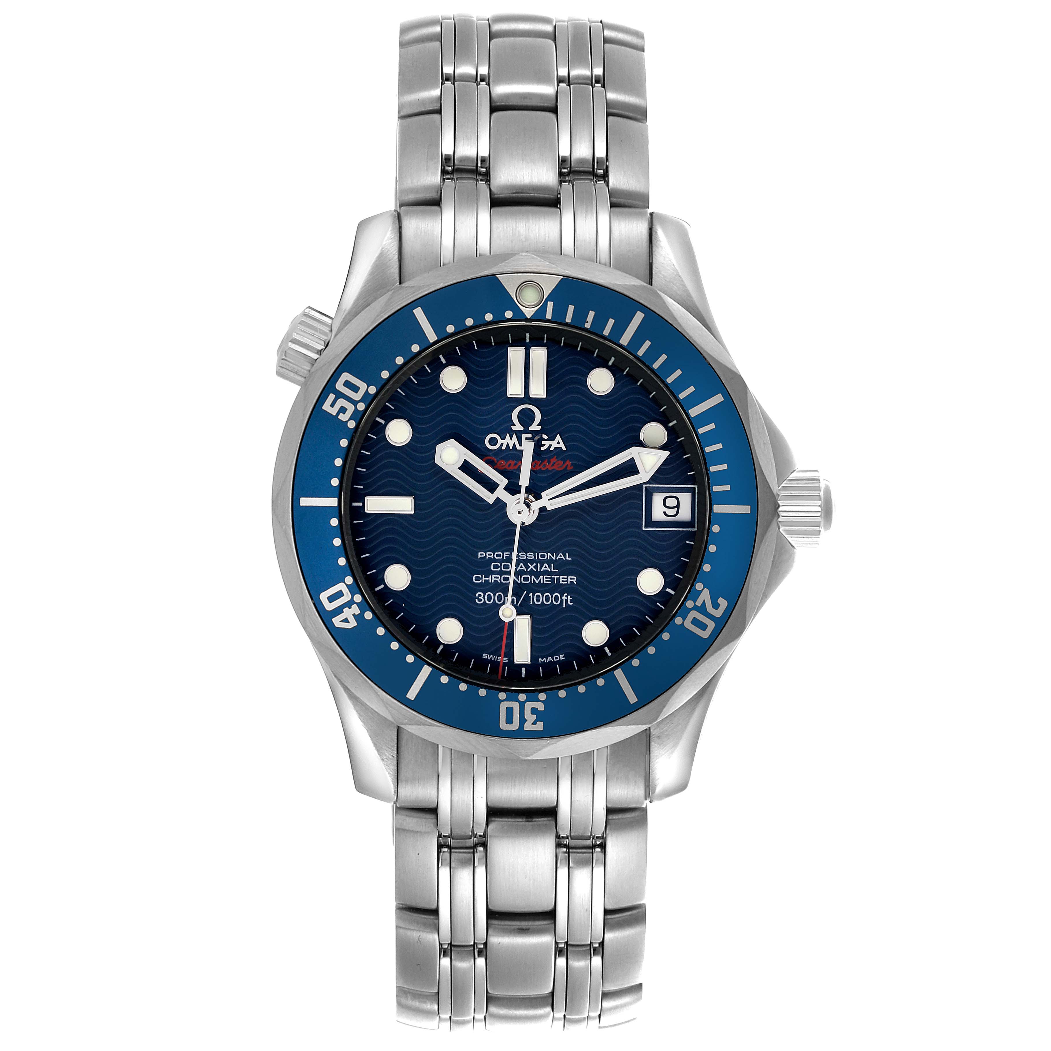 The Omega Seamaster 2222.80.00 Men
s Stainless Steel Blue Dial 2222.80.00 Men
s Stainless Steel Blue Dial watch is shown from a front view, highlighting its dial, bezel, and bracelet.