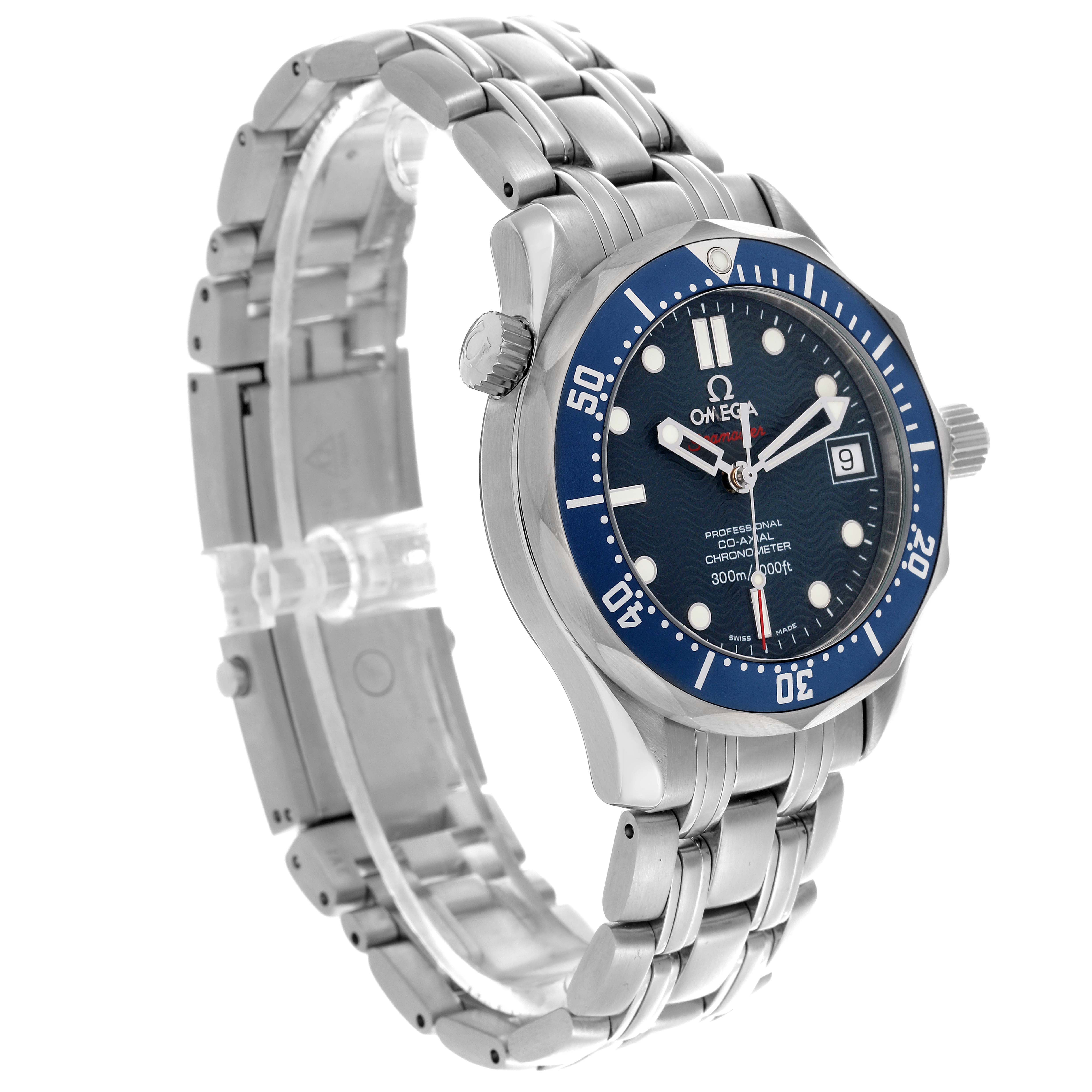 The image shows an Omega Seamaster 2222.80.00 Men
s Stainless Steel Blue Dial 2222.80.00 Men
s Stainless Steel Blue Dial watch from a side angle, highlighting its bracelet, bezel, and crown.