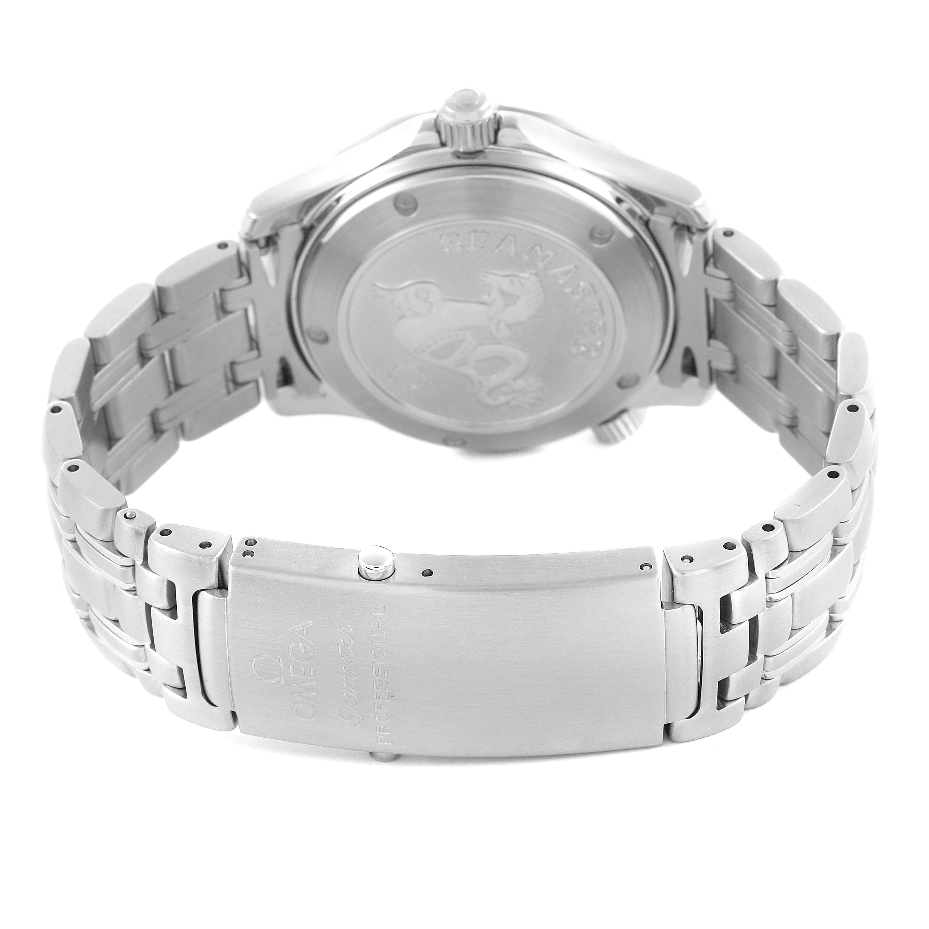 The image shows the back view of the Omega Seamaster 2222.80.00 Men
s Stainless Steel Blue Dial 2222.80.00 Men
s Stainless Steel Blue Dial model, highlighting the clasp and case back.